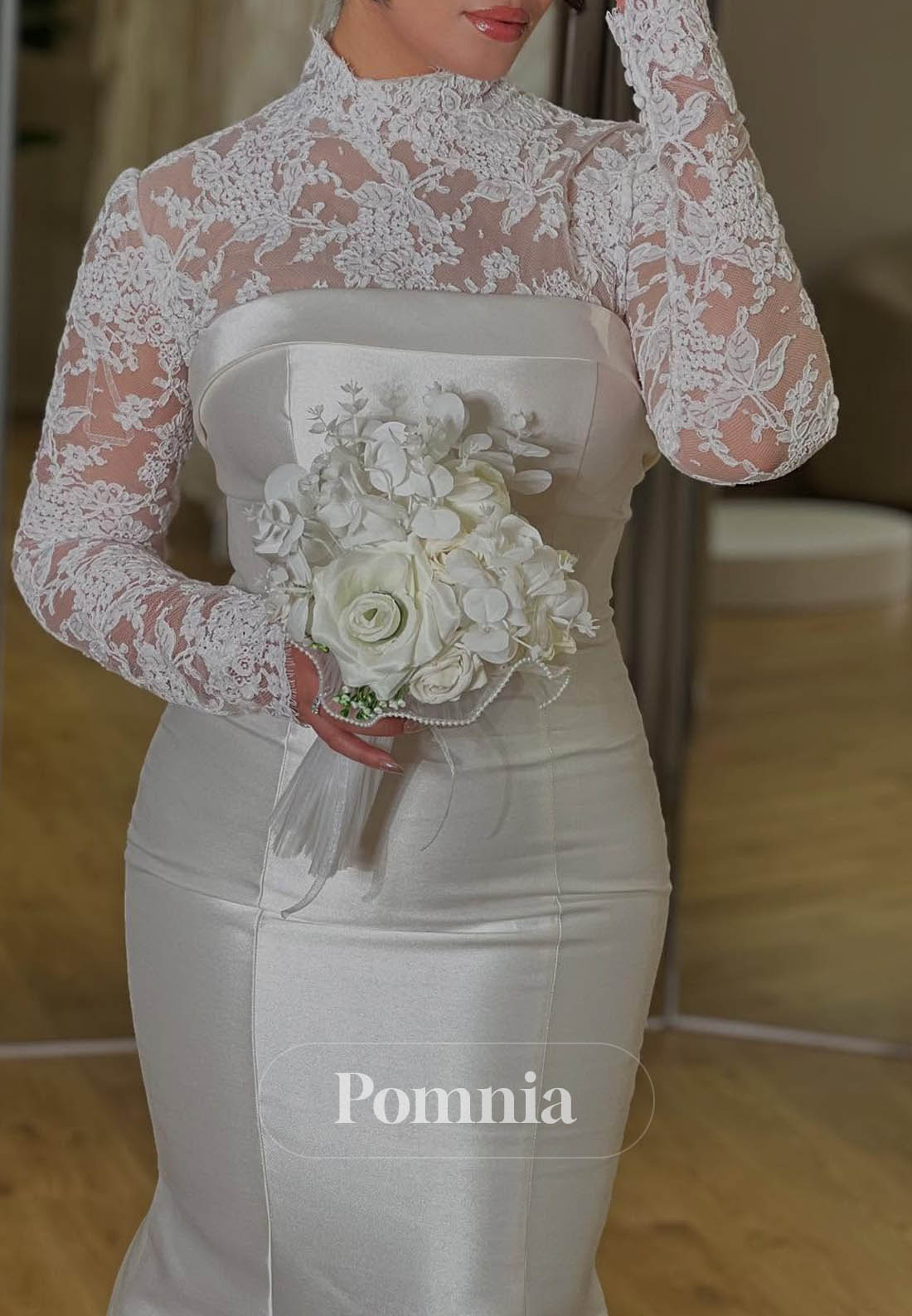 Long Sleeves Scoop Ruched Satin Mermaid Wedding Dress