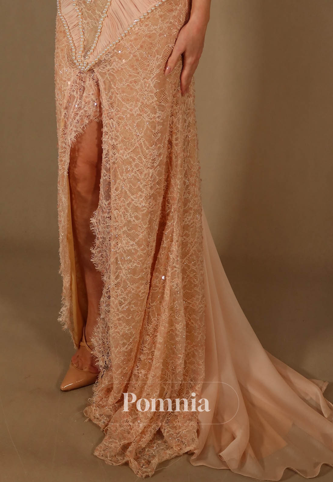 Rose Petal Sleeveless Strapless Slit Lace Evening Dress