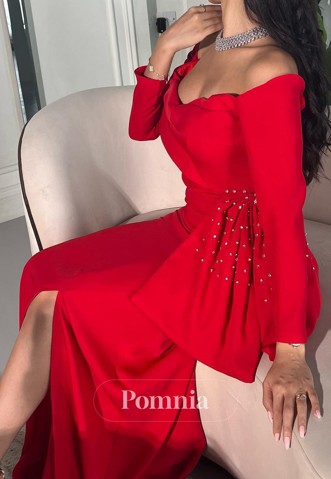 Red Long Sleeves Off-Shoulder Floor-Length Evening Dress