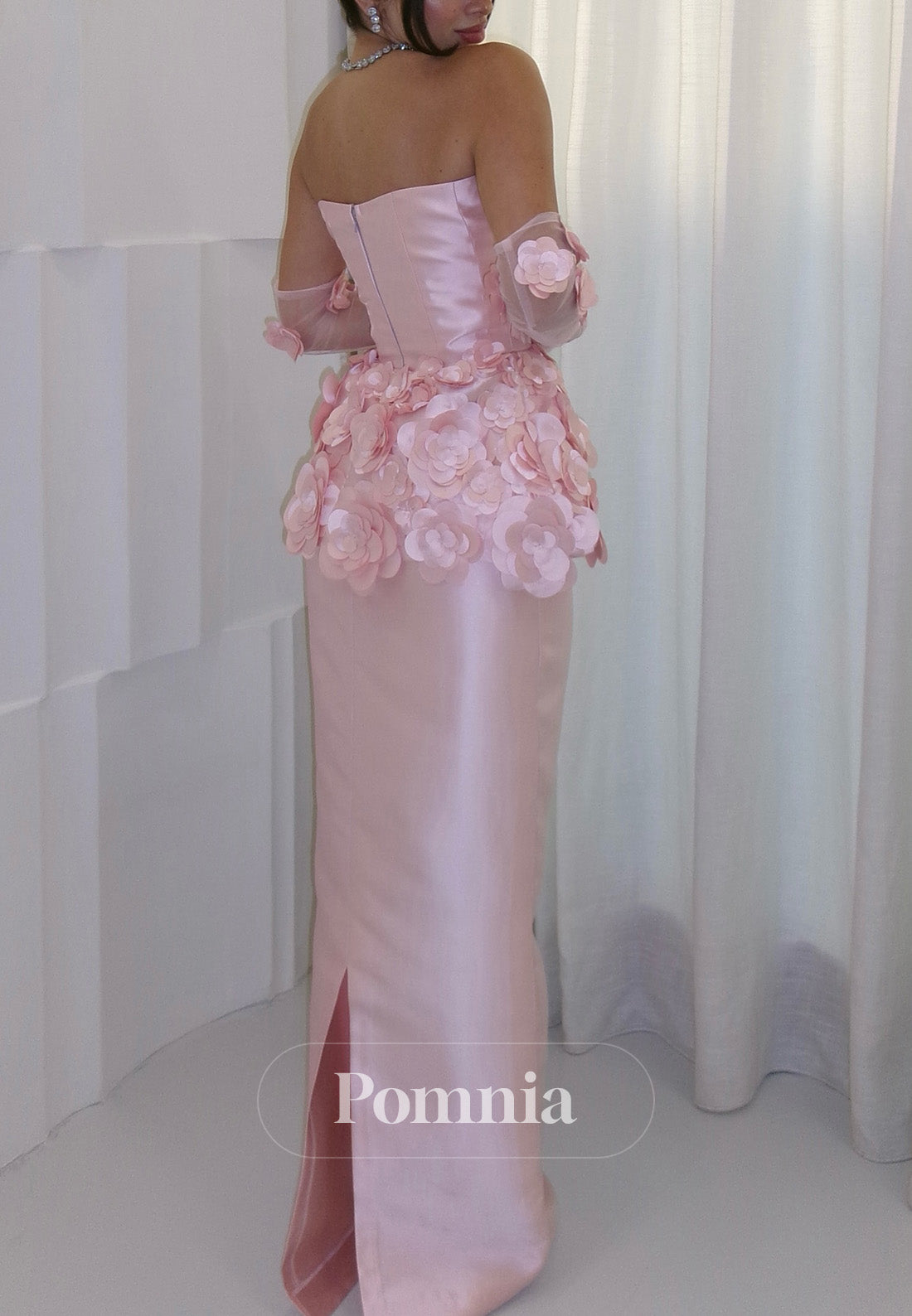 Blushing Pink Sleeveless Strapless Floral Appliques Prom Dress