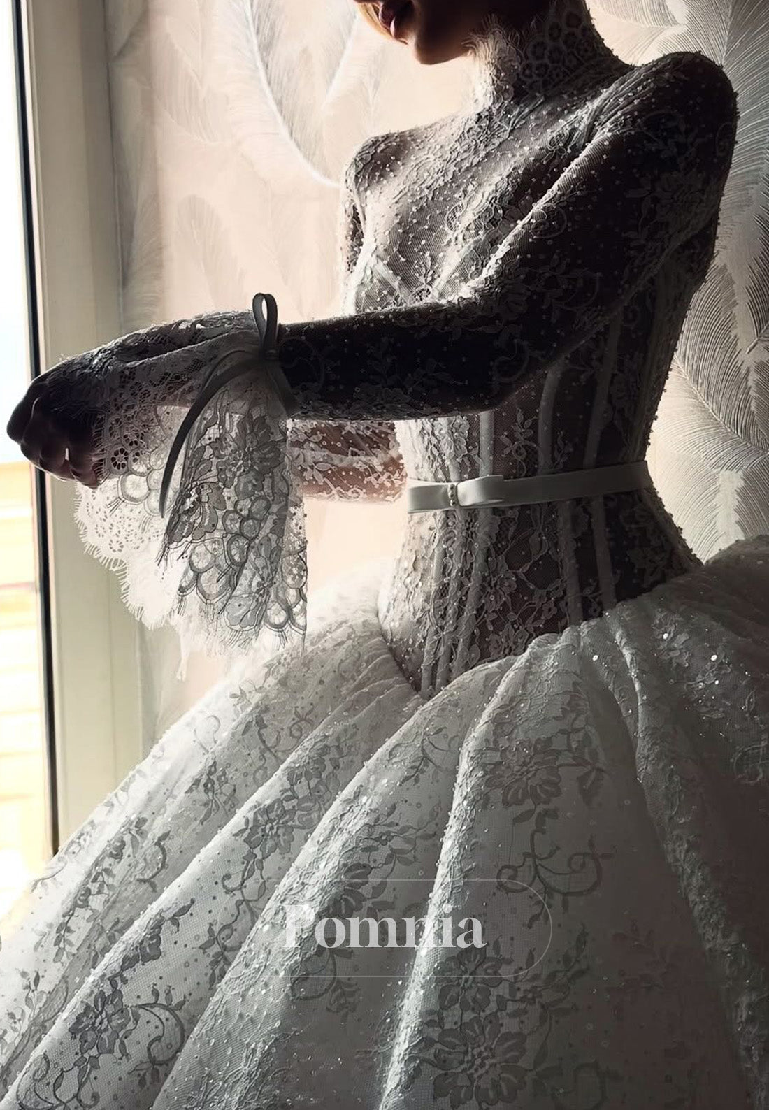 Elegant Long Sleeves High Neck Corset Tulle A-Line Wedding Dress