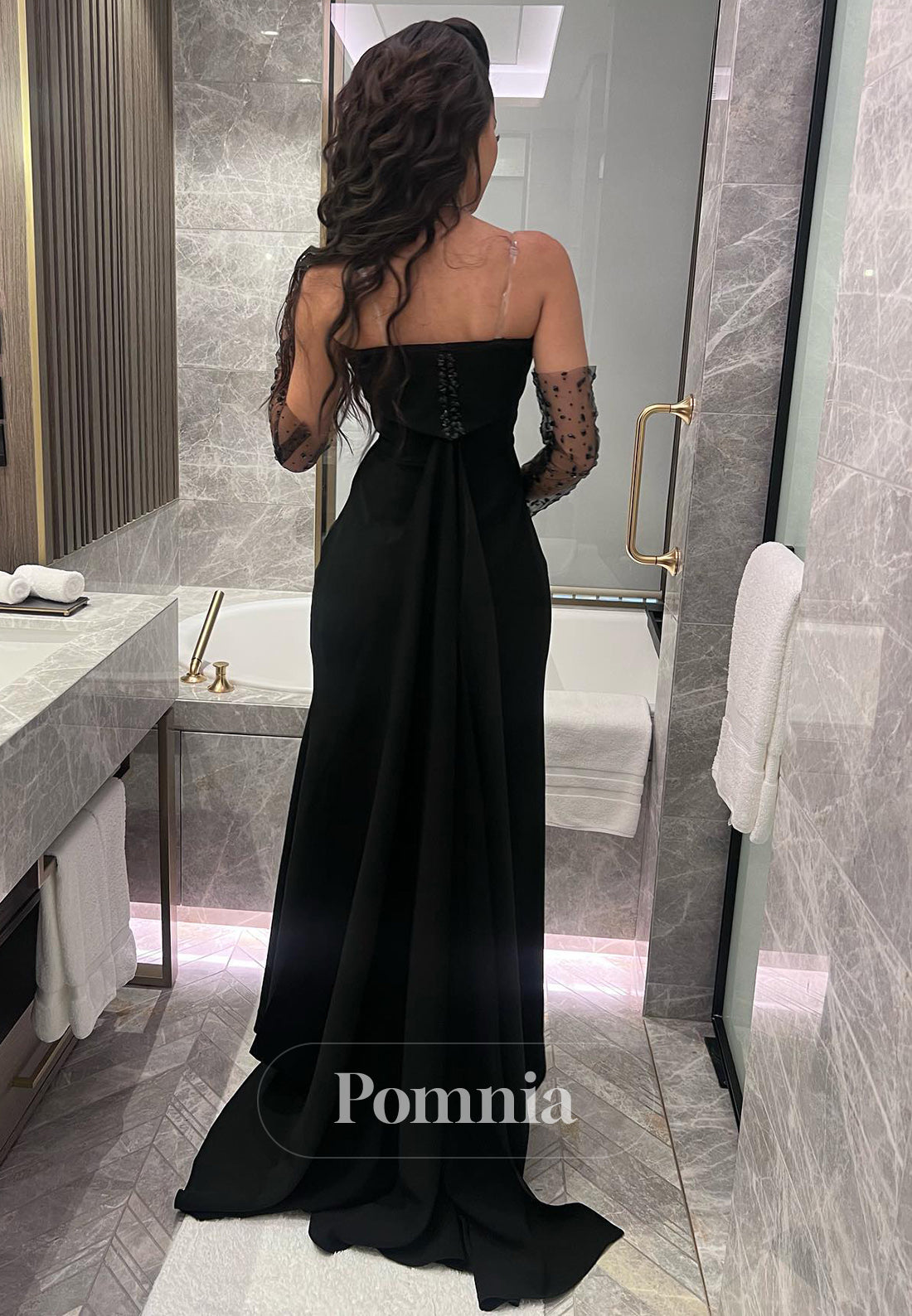 Black Half-Sleeves Off-Shoulder Slit Satin Evening Dress