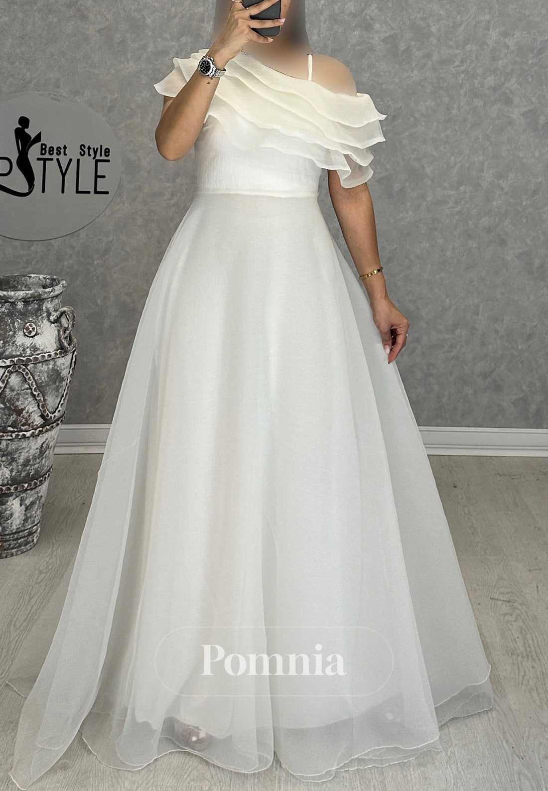 A-Line Cap Sleeves Ruffles Empire-Waist Evening Dress