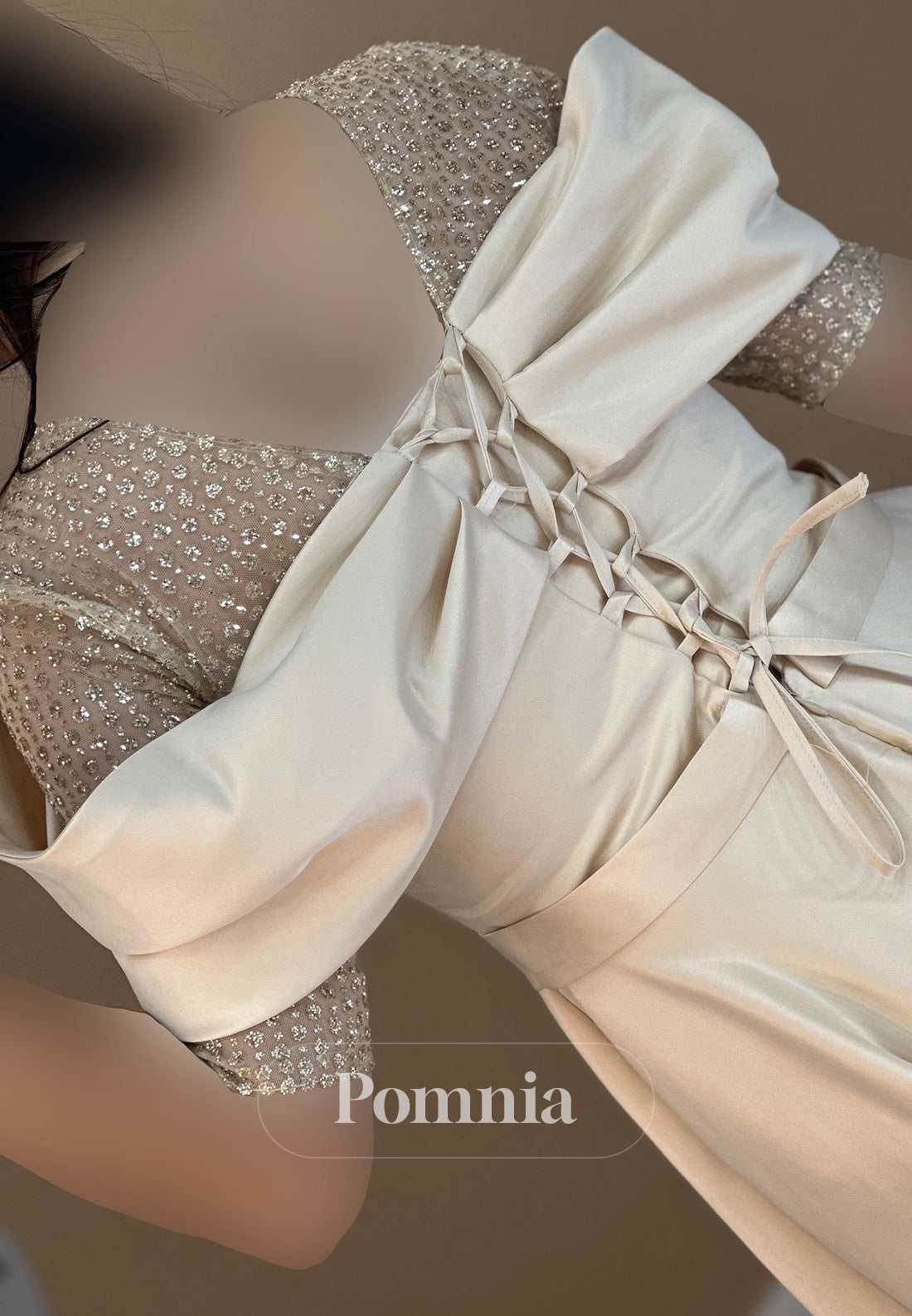 A-Line Short Sleeves Scoop Sequins Empire-Waist Evening Dress