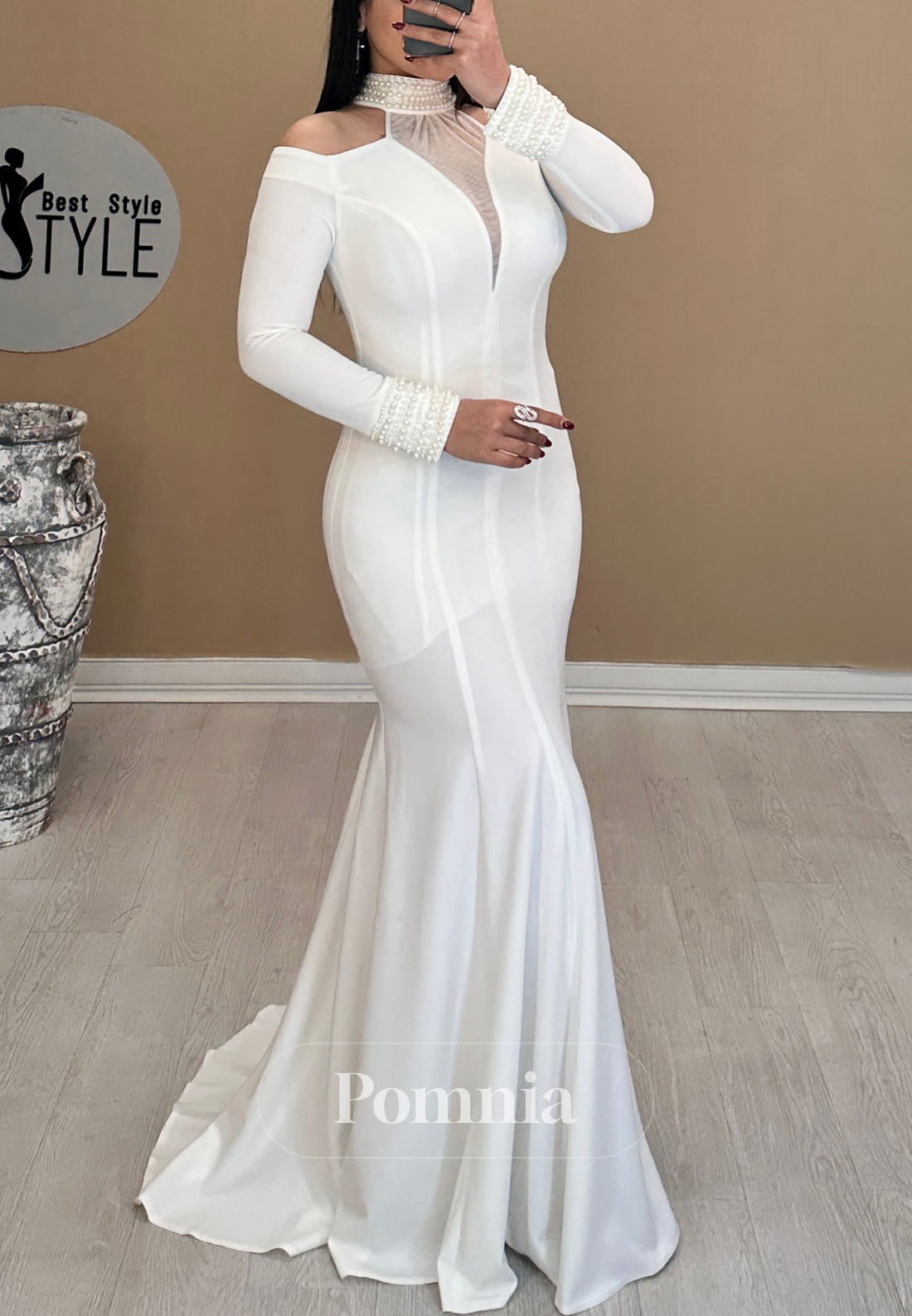 Halter Long Sleeves Pearls Mermaid Evening Dress