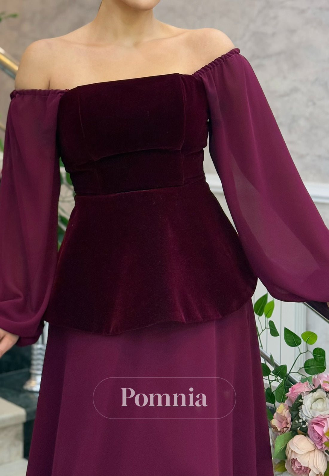 Burgundy Long Sleeves Off-Shoulder Corset Evening Dress
