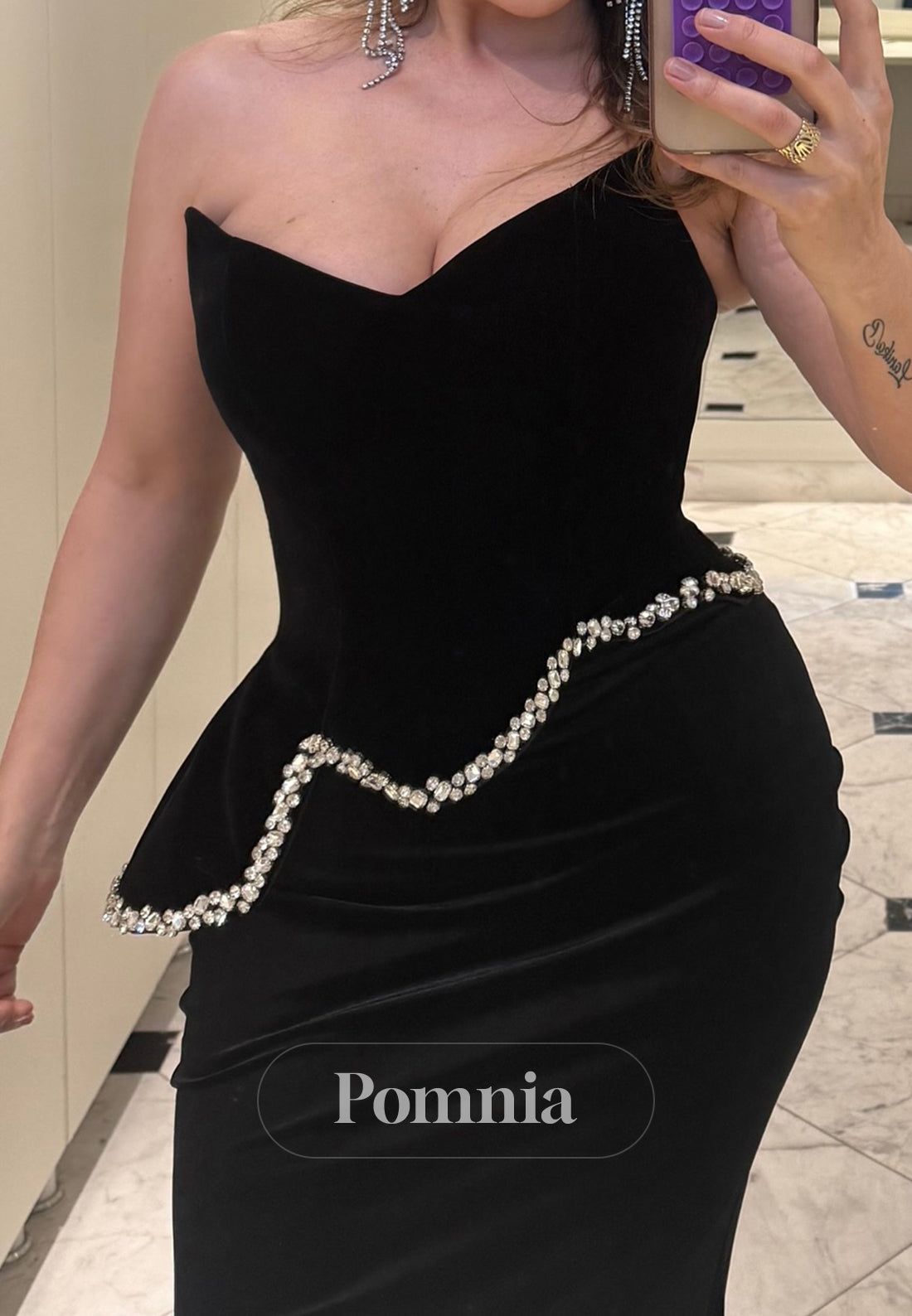 Black Mermaid Sleeveless Strapless Beads Evening Dress