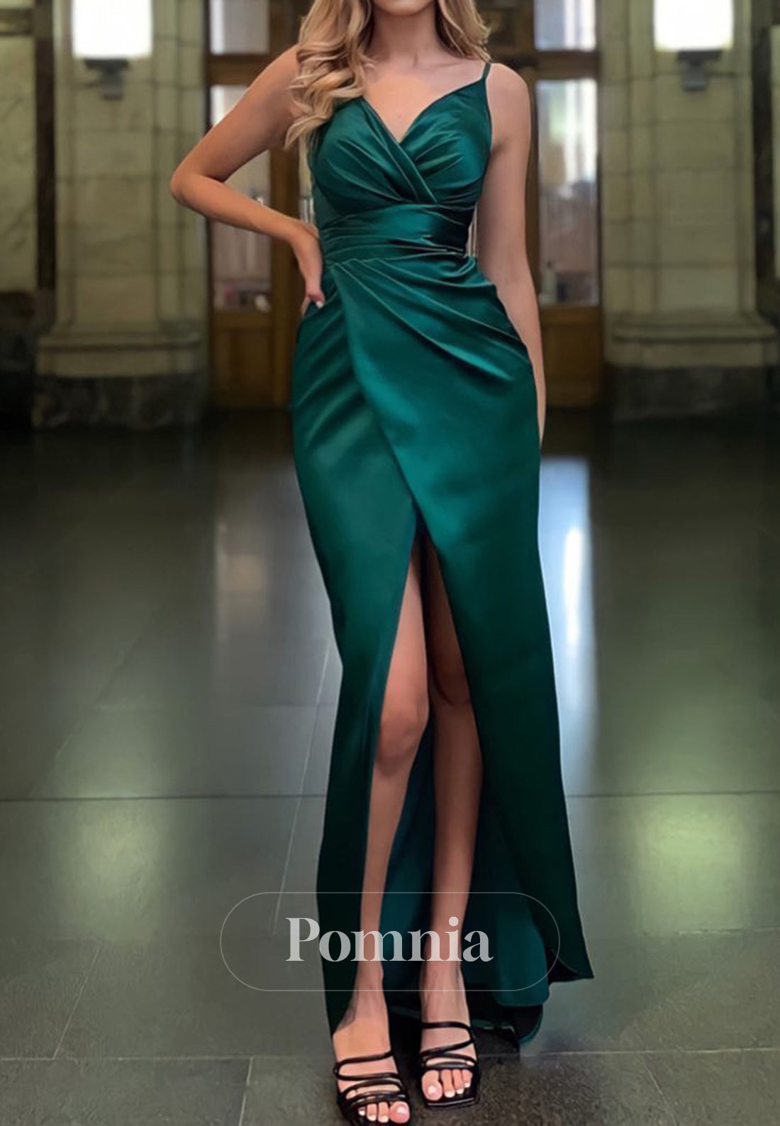 Sheath Spaghetti Straps V-Neck Slit Ruched Evening Dress