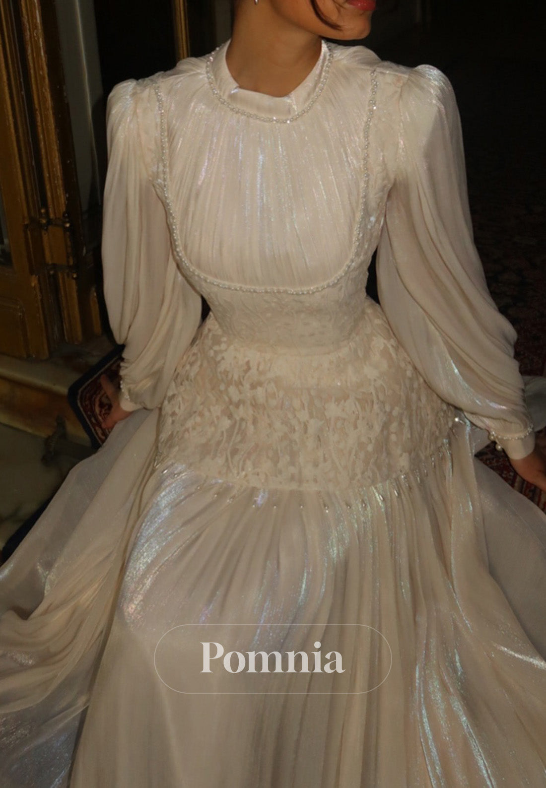 Elegant Long Sleeves High Neck Empire-Waist Evening Dress