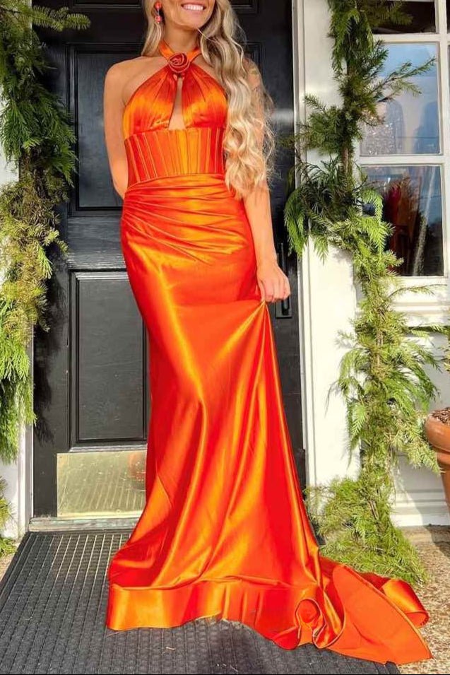 Mermaid Sage Halter Corset Long Prom Dress with Rosette Embellishment