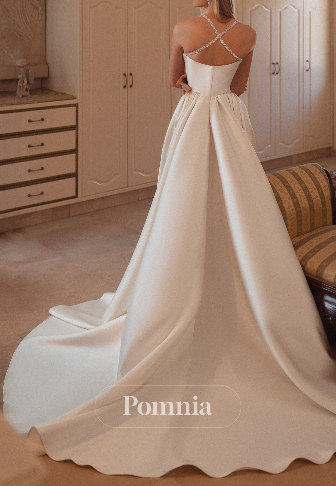 Spaghetti Straps Sweetheart Slit Pearls Slit Wedding Dress