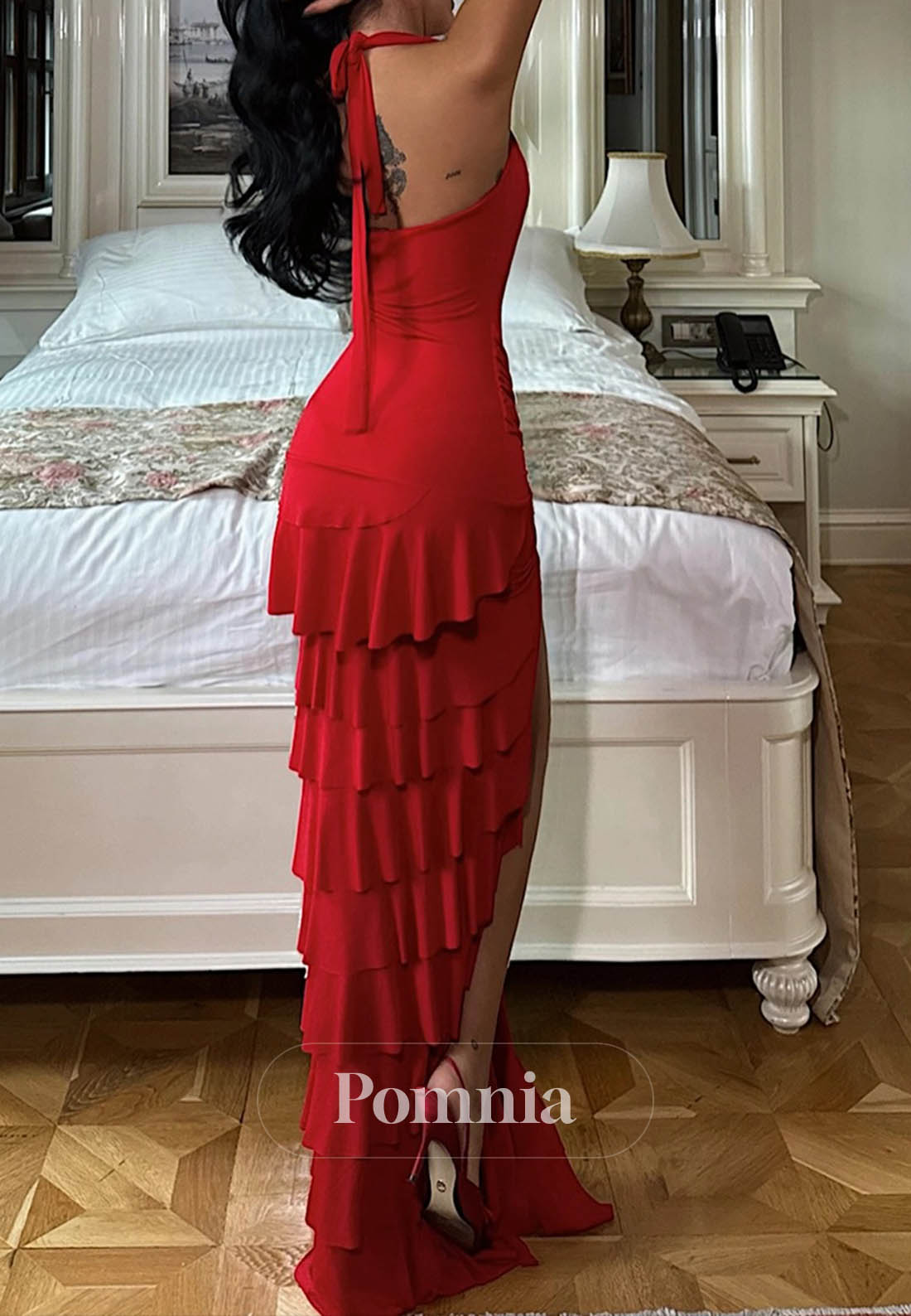 Halter Sleeveless Slit Ruffles Backless Prom Dress