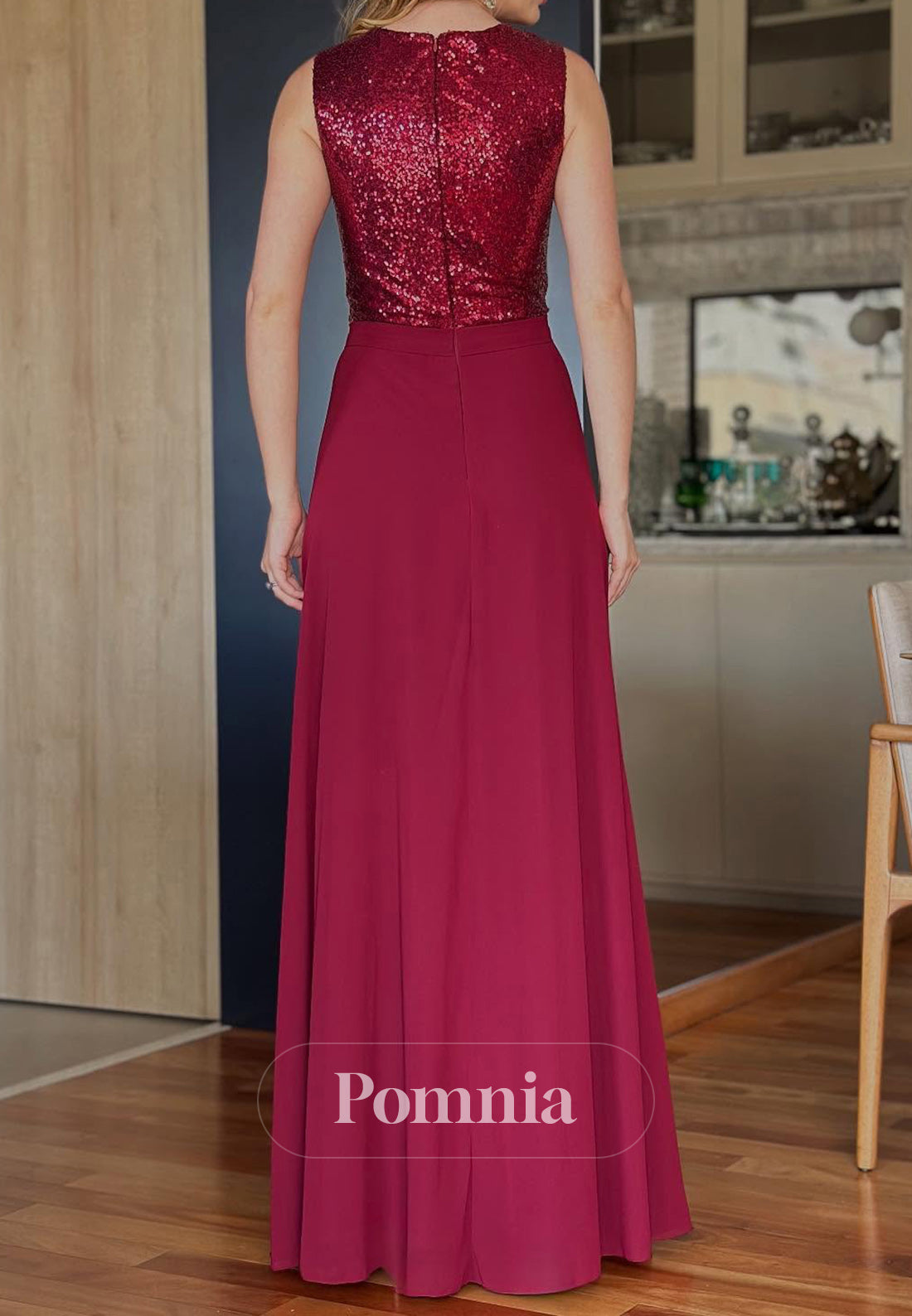 Burgundy Spaghetti Straps V-Neck Lace Mother of the Bride Dress