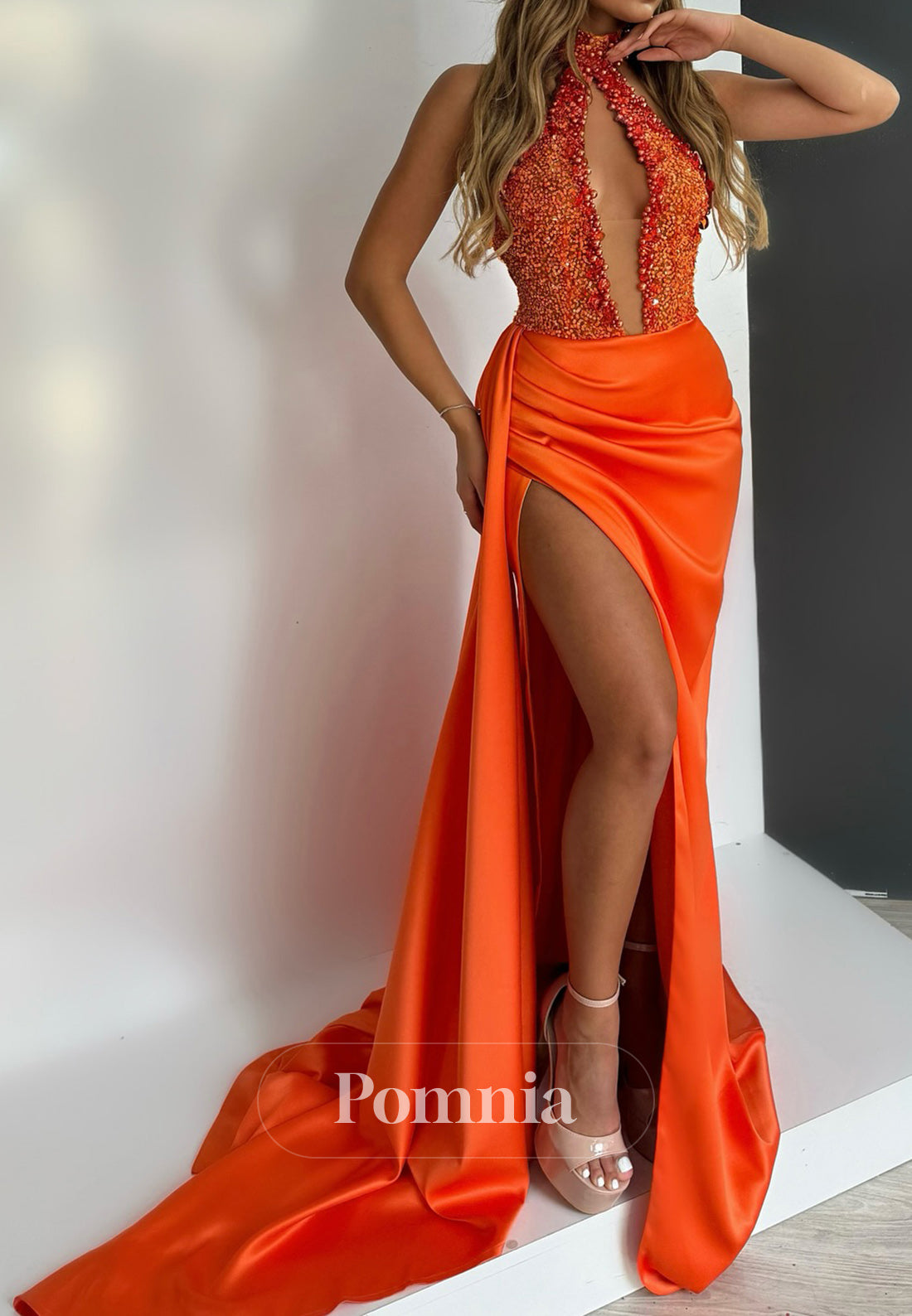 Papaya Halter Sleeveless Ruched Slit Evening Dress