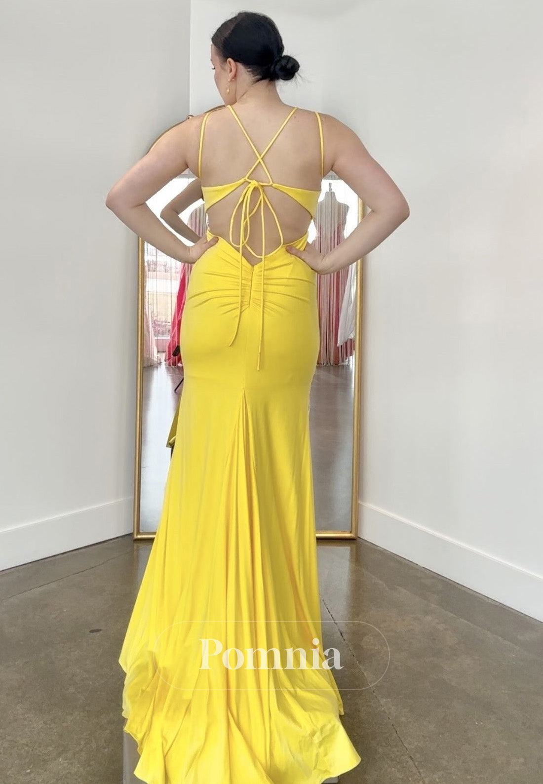 Daffodil Spaghetti Straps V-Neck Slit Backless Prom Dress