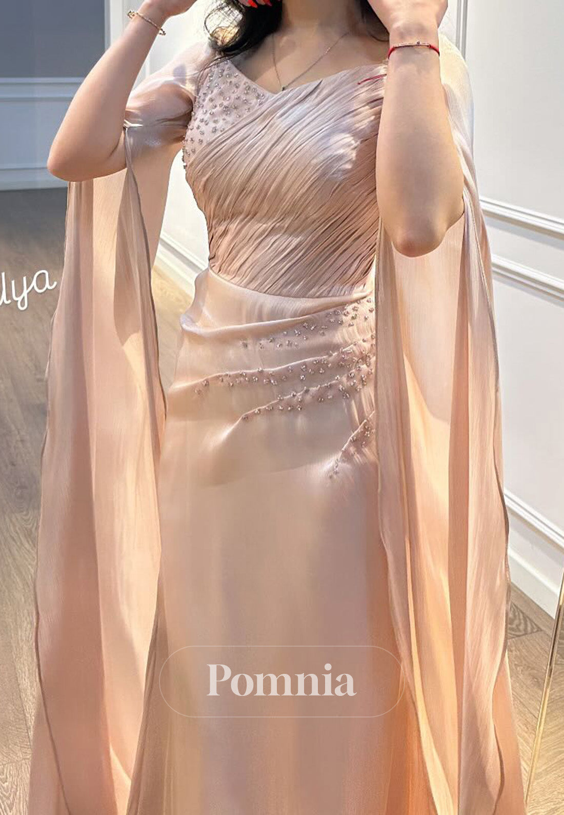 Rose Petal Cape Scoop Sequins Ruched A-Line Evening Dress