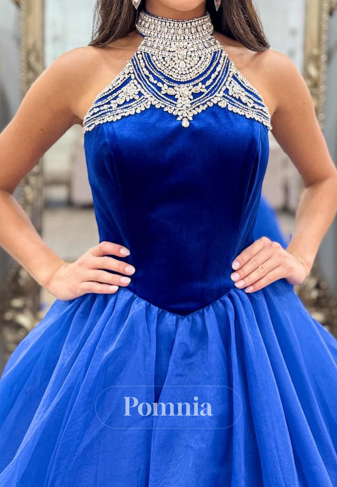 Royal Blue Halter Sleeveless Empire-Waist Prom Dress