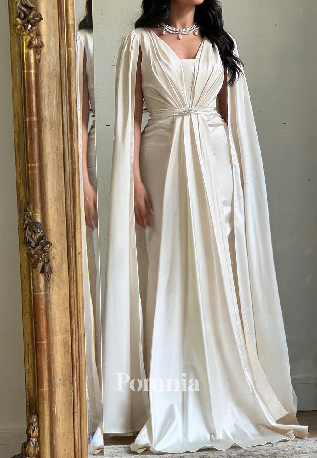 Cap Sleeves V-Neck Empire-Waist Beads Mermaid Wedding Dress