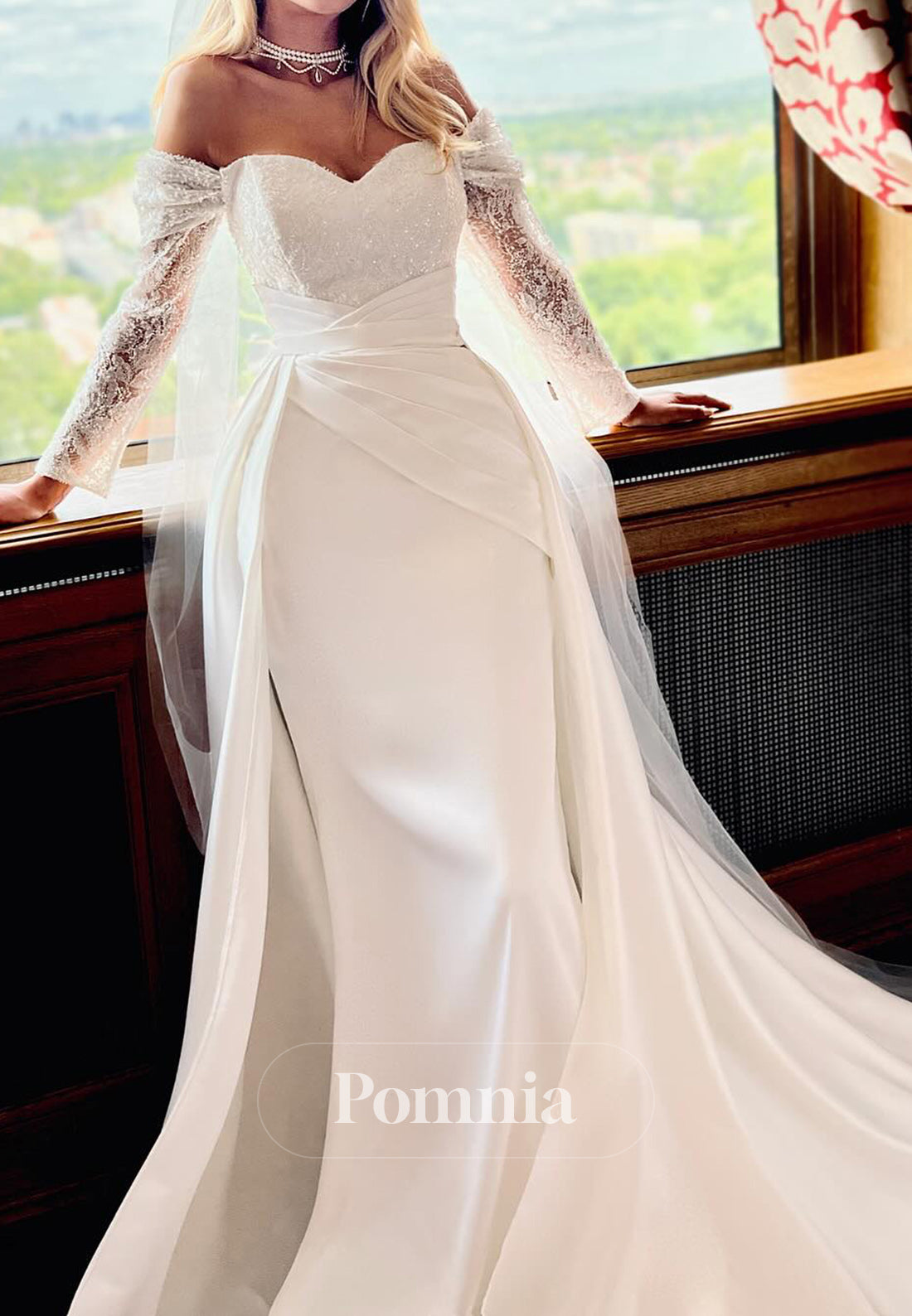 Charming Off-Shoulder Corset Sweep Train Long Sleeves Wedding Dress