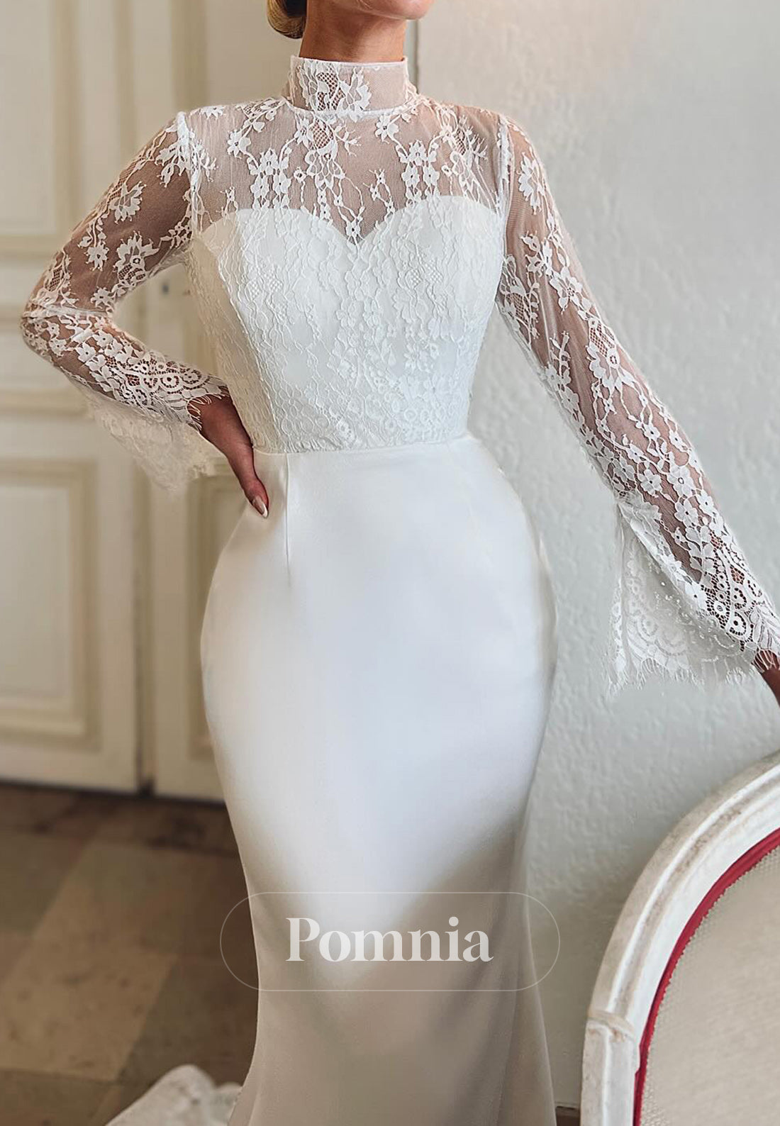 Elegant Long Sleeves High Neck Sweep Train Wedding Dress