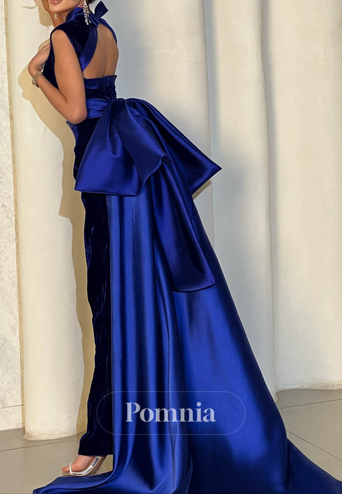 Royal Blue Halter Sleeveless Empire-Waist Evening Dress
