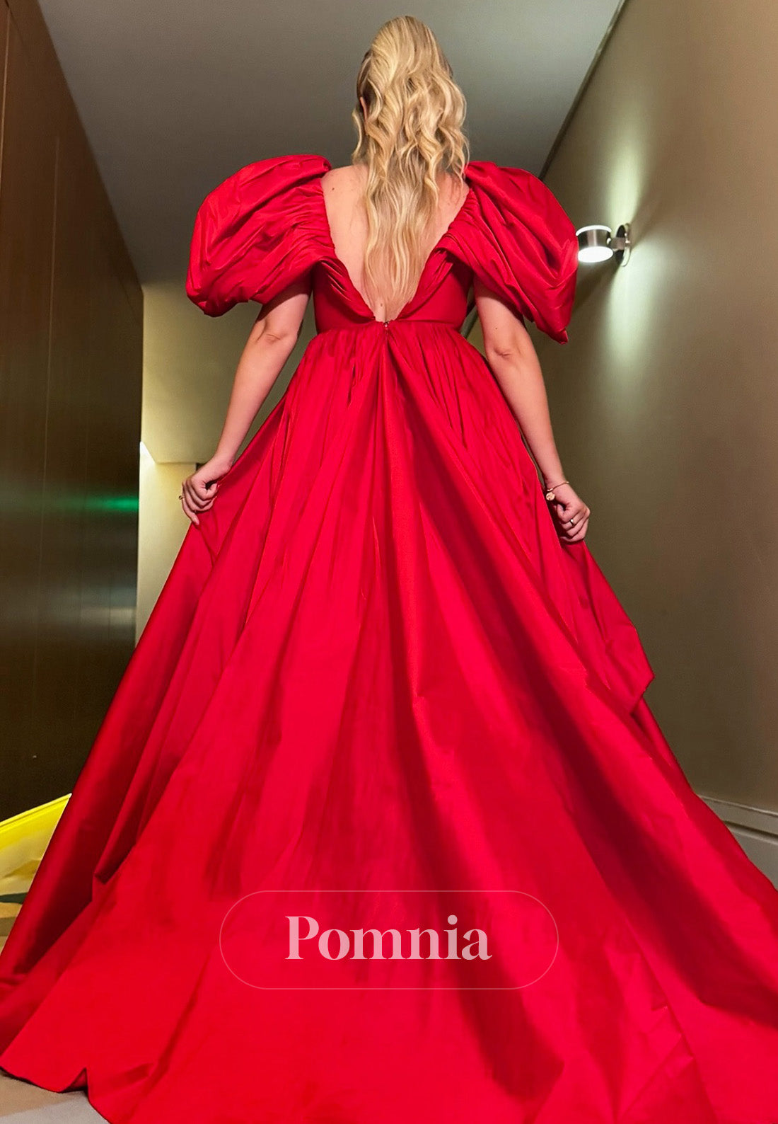 Red Cap Sleeves V-neck Slit Rufles Slit Satin Evening Dress