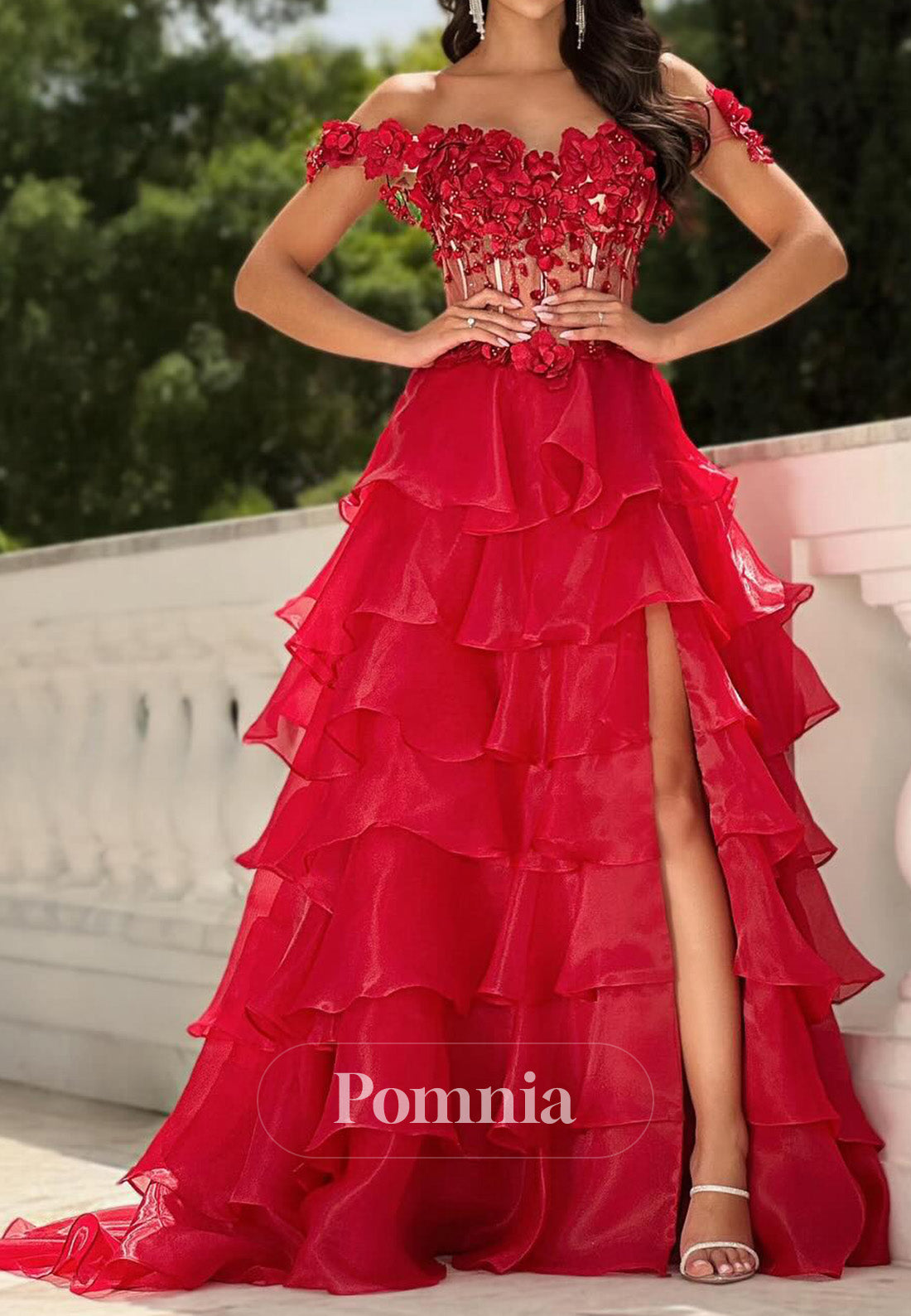 Red Sleeveless Sweetheart Corset Tulle Ruffles Prom Dress