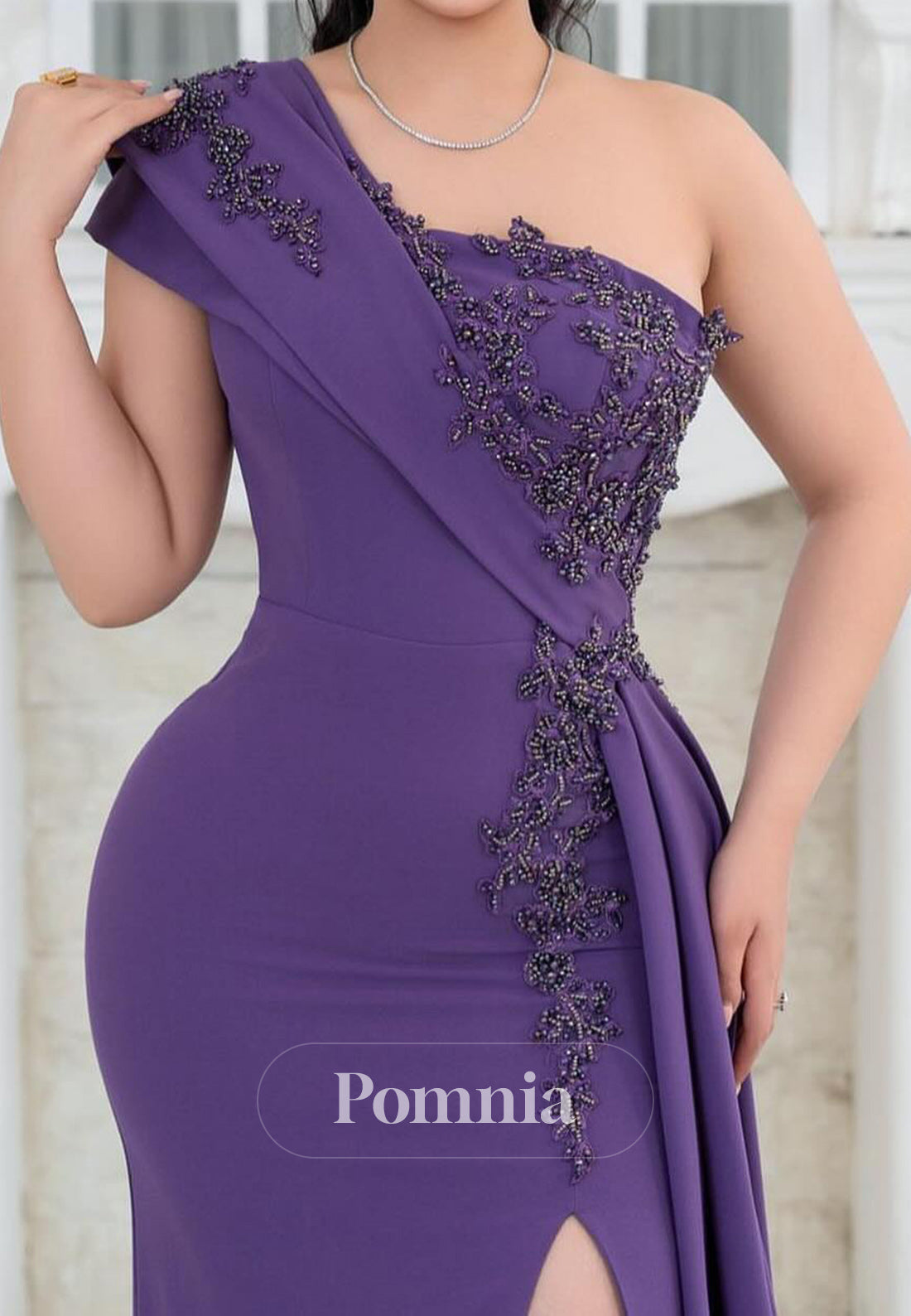 Regency One Shouldr Sleeveless Slit Appliques Evening Dress