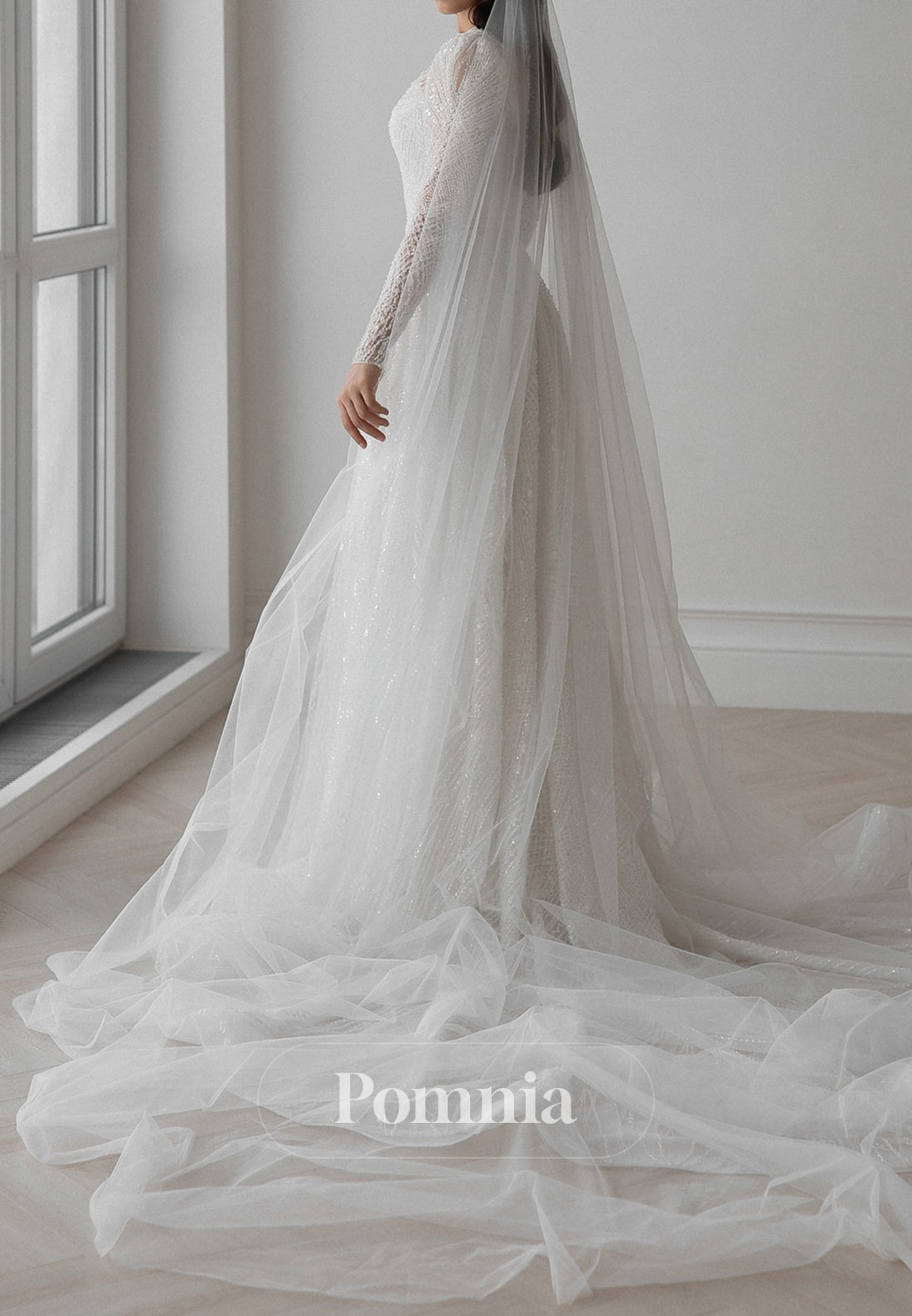 Sparkly Long Sleeves High Neck Empire-Waist Lace Wedding Dress