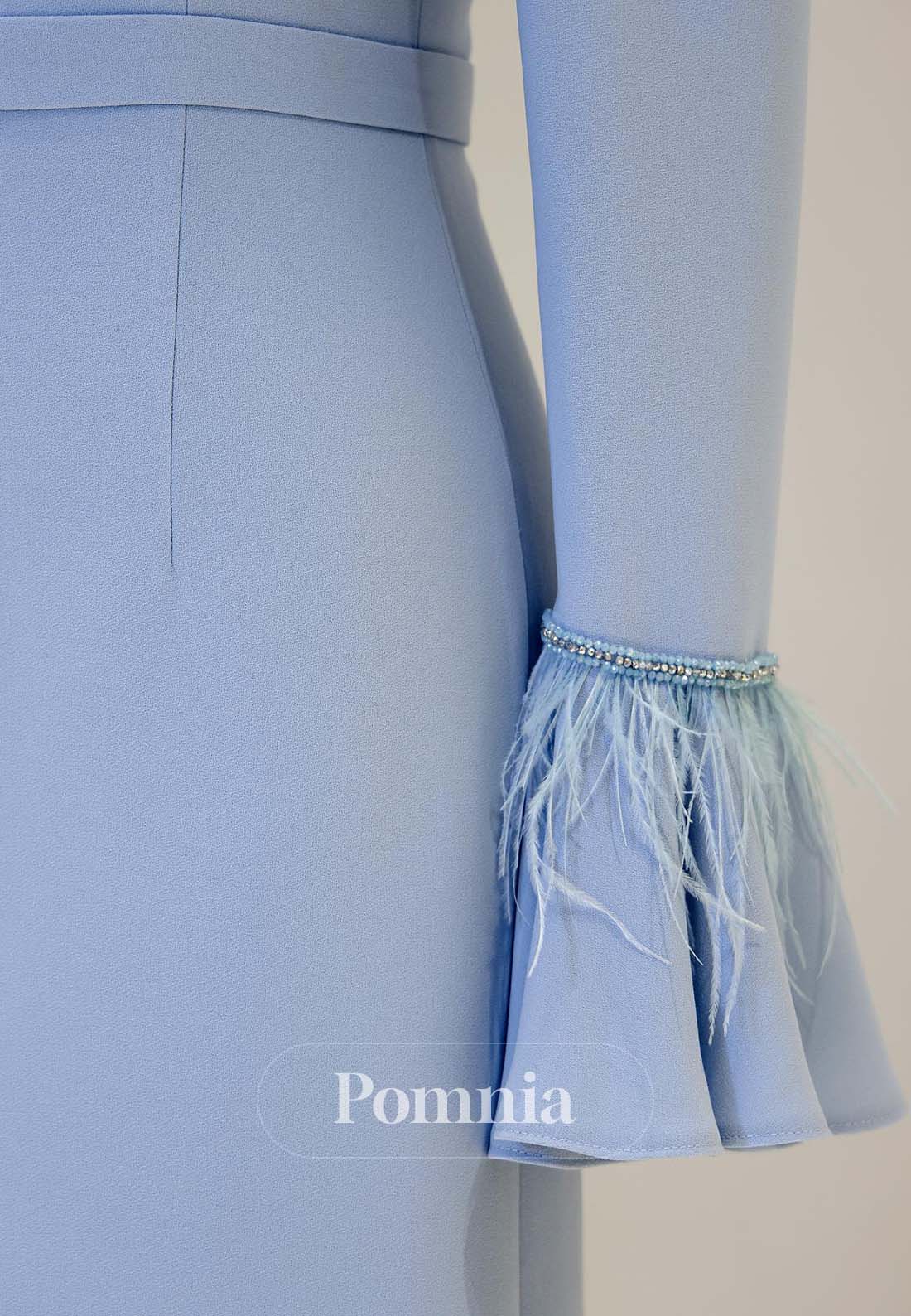 Sky Blue Long Sleeves Square Feathers Formal Evening Dress