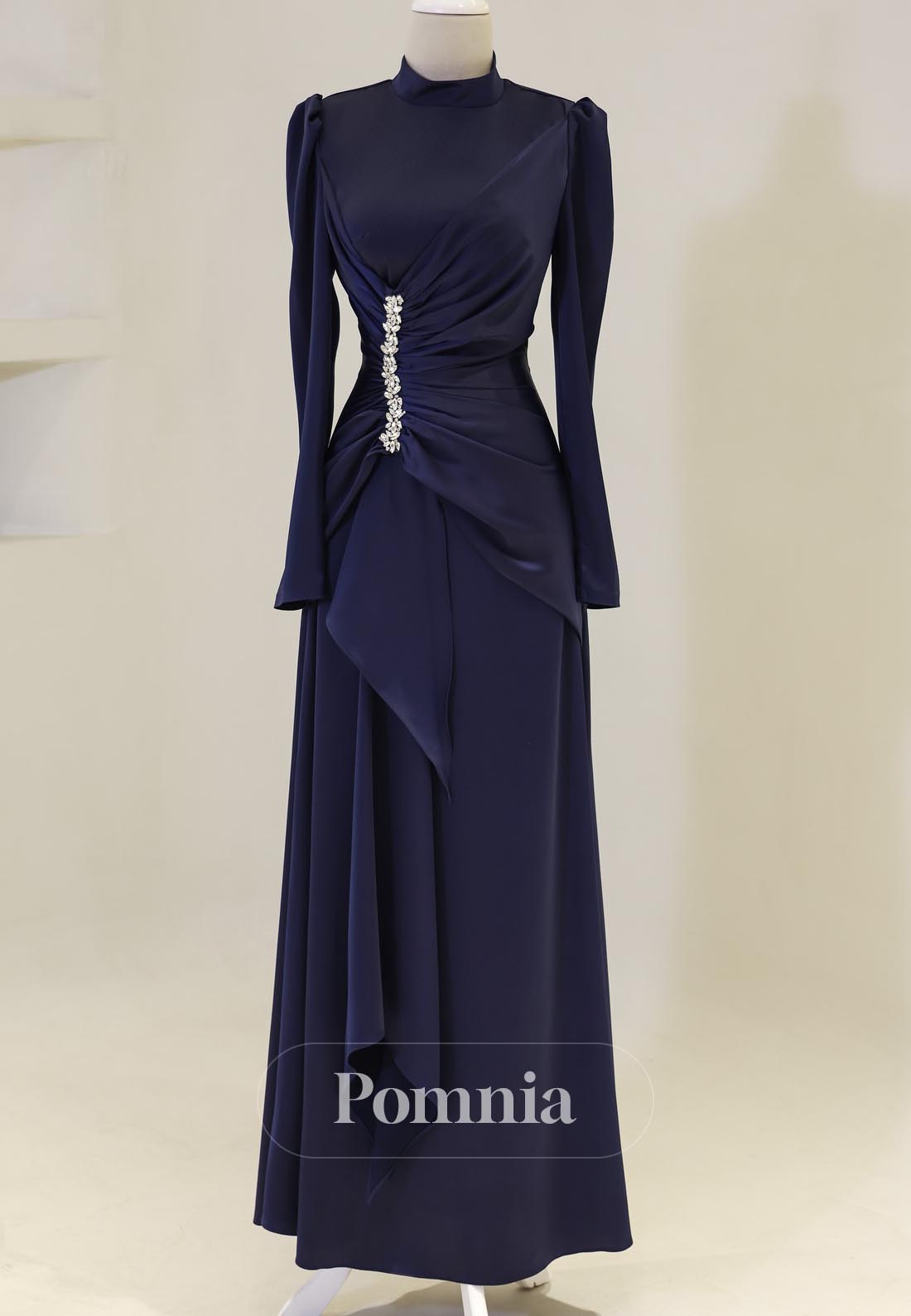 Simple A-line High Neck Long Sleeves Beads Evening Dress