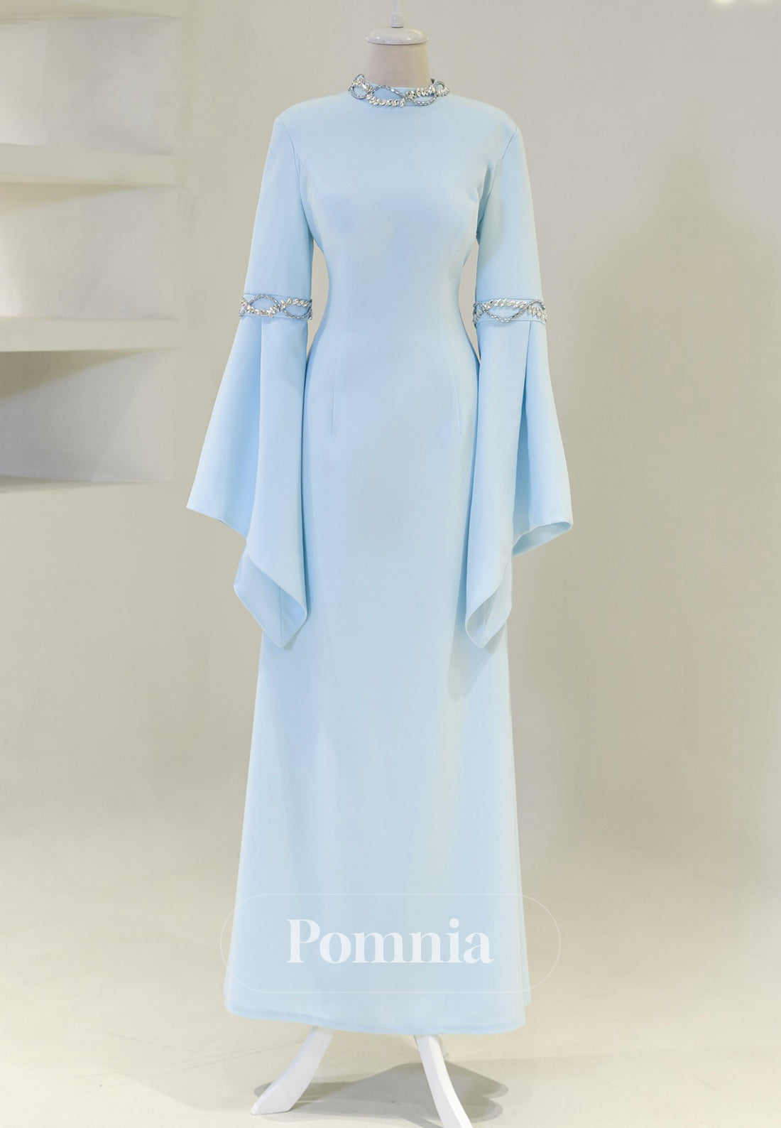 High Neck Long Sleeves Beads Formal Evening Dress