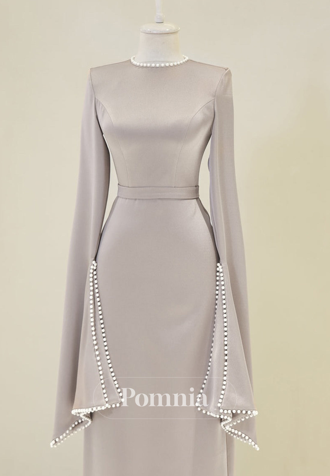 Elegant Long Sleeves Scoop Empire-Waist Pearls Satin Formal Dress