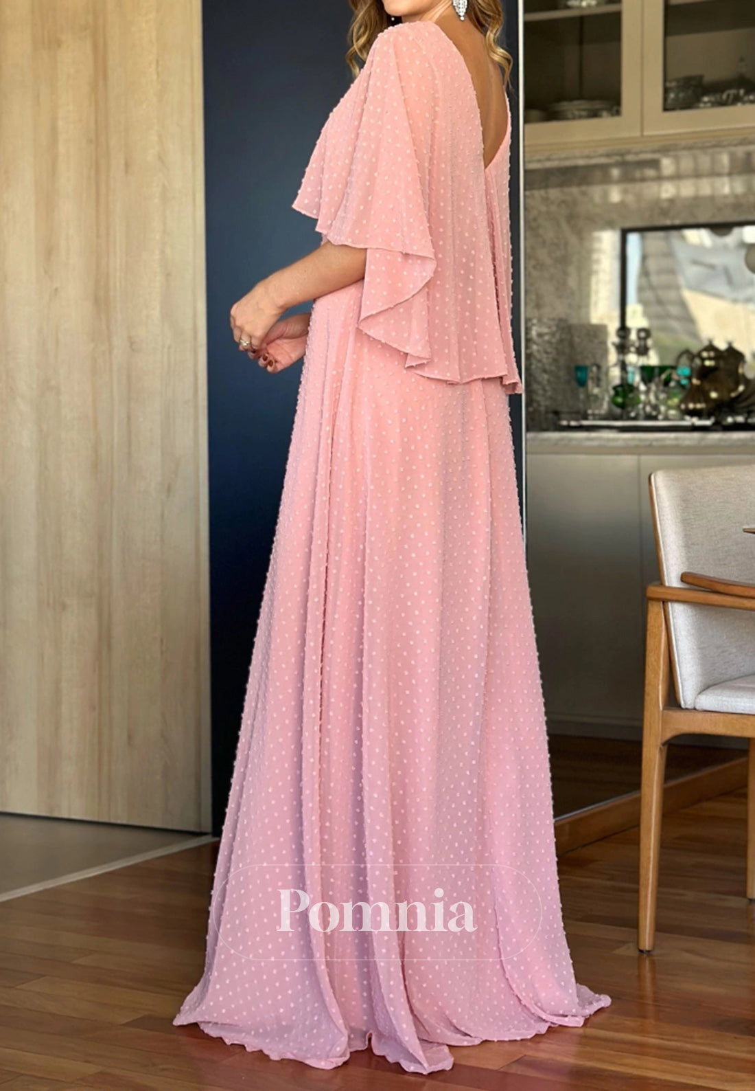 Blushing Pink Cape V-Neck Slit Mother of the Bride Dress