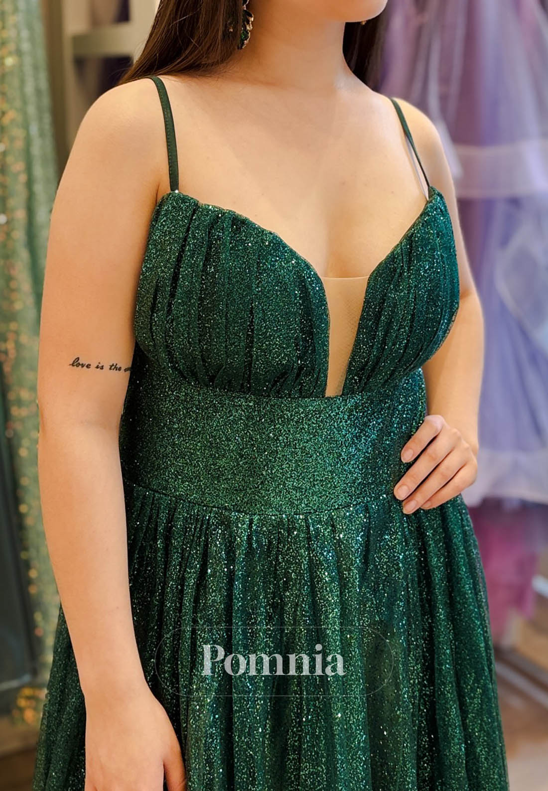 Dark Green Spaghetti Straps V-Neck Sequins Prom Dress