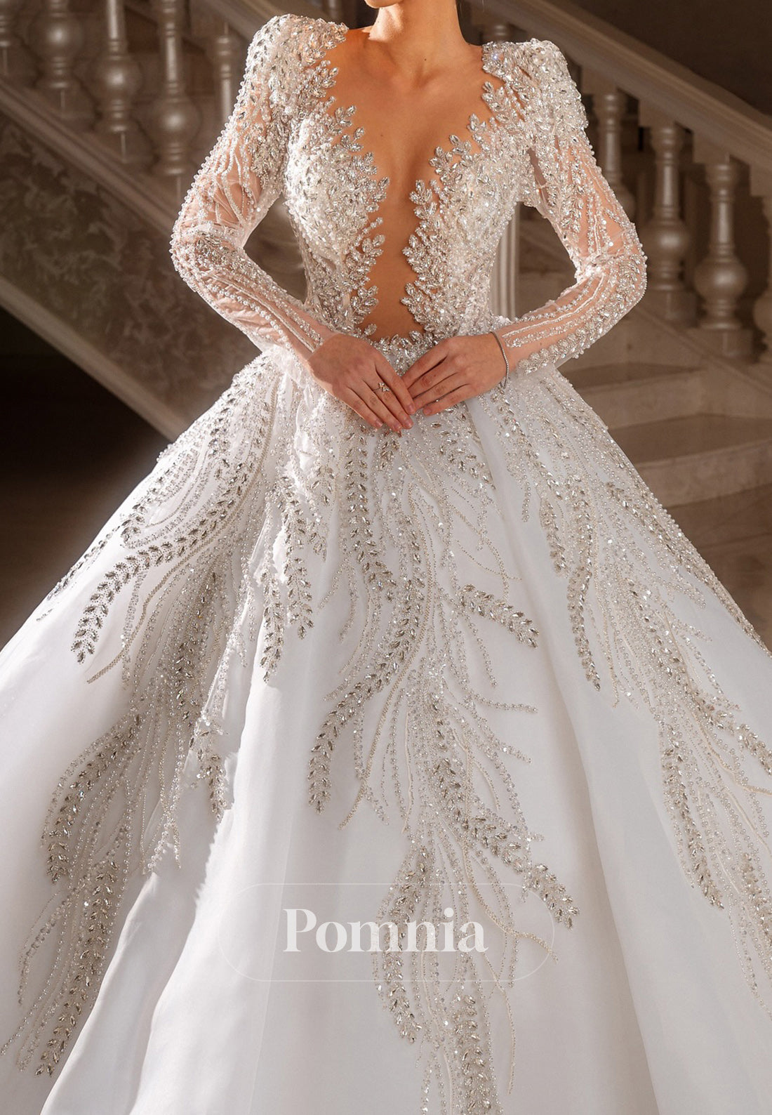 Gorgeous Long Sleeves V-Neck Beads Satin Wedding Dress