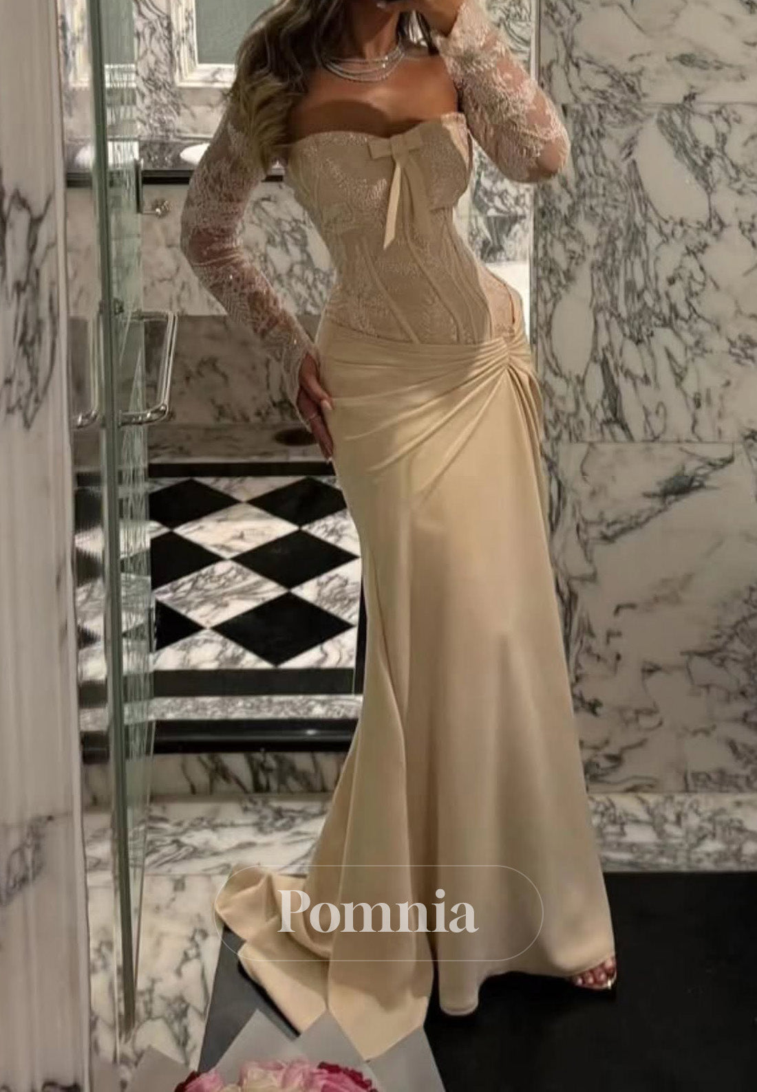 Daffodil Long Sleeves Square Ruched Sequins Evening Dress