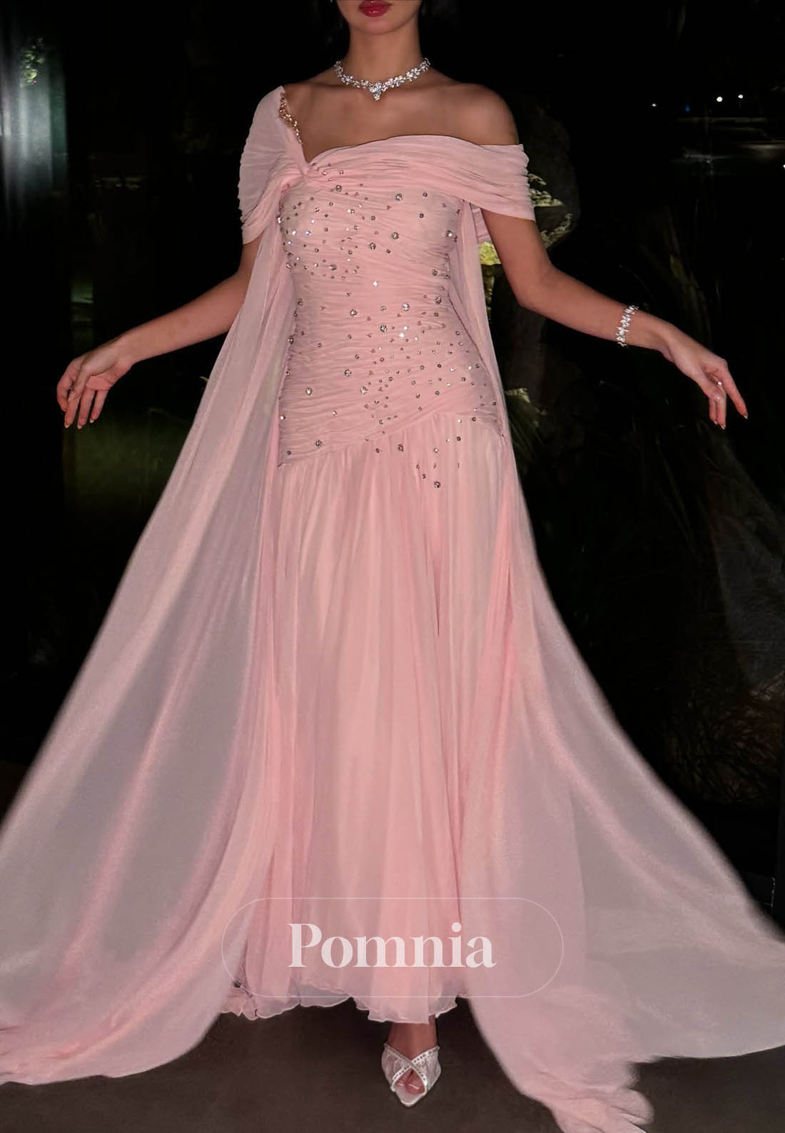 Blushing Pink Scoop Cap Sleeves Ruched Chiffon Prom Dress