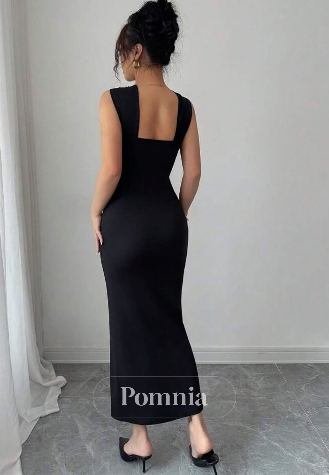 Black Halter Sleeveless Ruched Ankle-Length Evening Dress