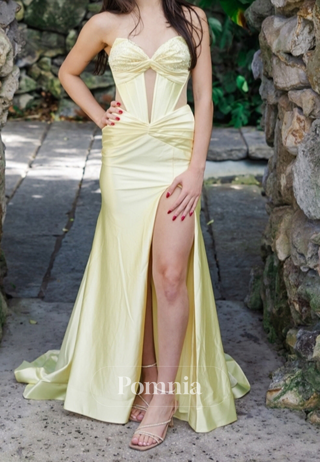 Daffodil Sheath Sleeveless Strapless Prom Dress with Slit Corset Evening Party Dress