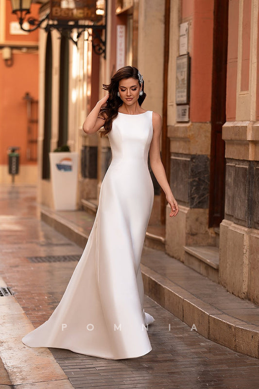 P3125 - Chic Scoop A-Line Backless Sleeveless Satin Long Beach Wedding Dress