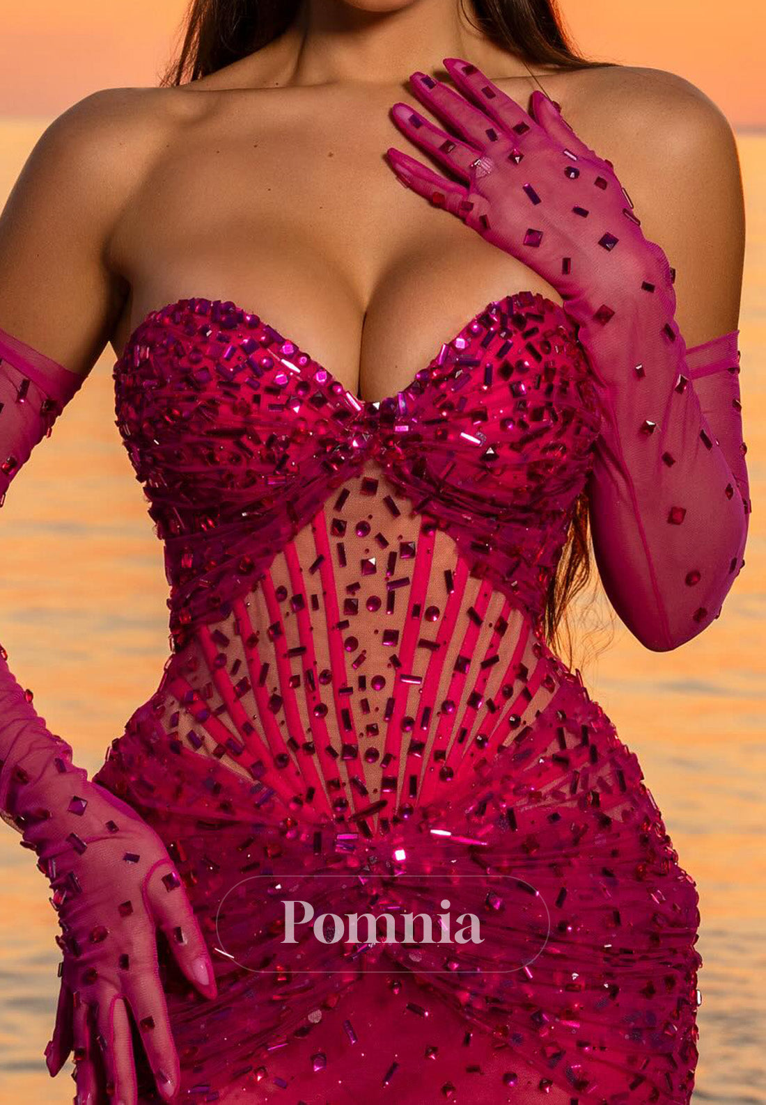 Fuchsia Sleeveless Strapless Beads A-Line Prom Dress