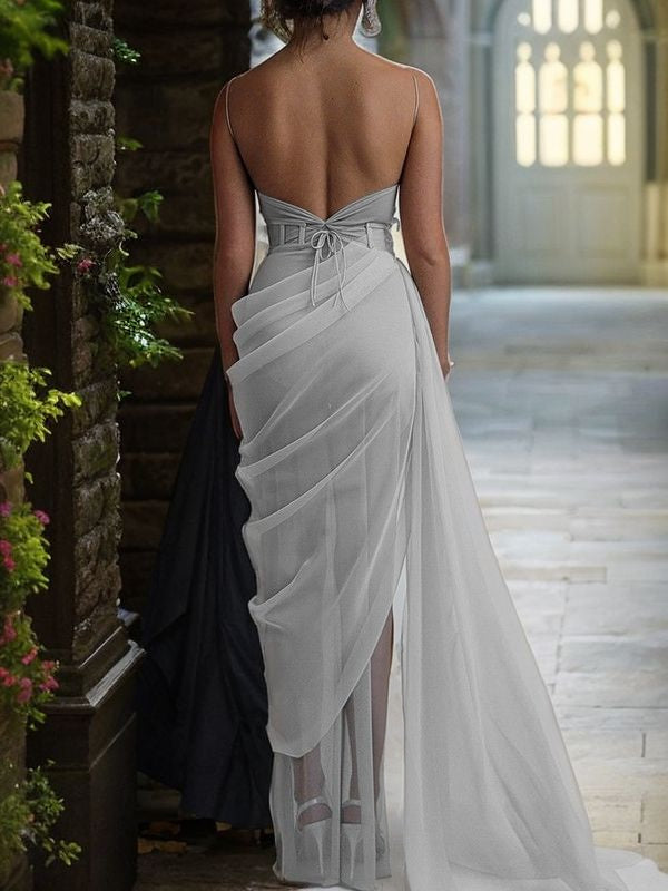 Sheath/Column Organza Ruched Spaghetti Straps Sleeveless Sweep/Brush Train Dresses