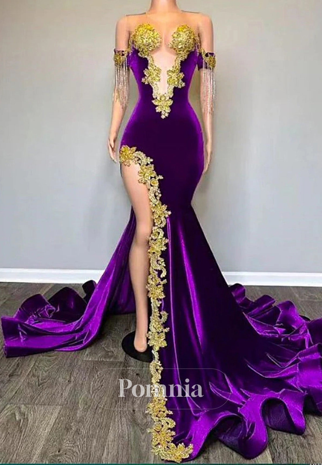 Off-Shoulder V-Neck Gold Appliques Mermaid Velvet Prom dress