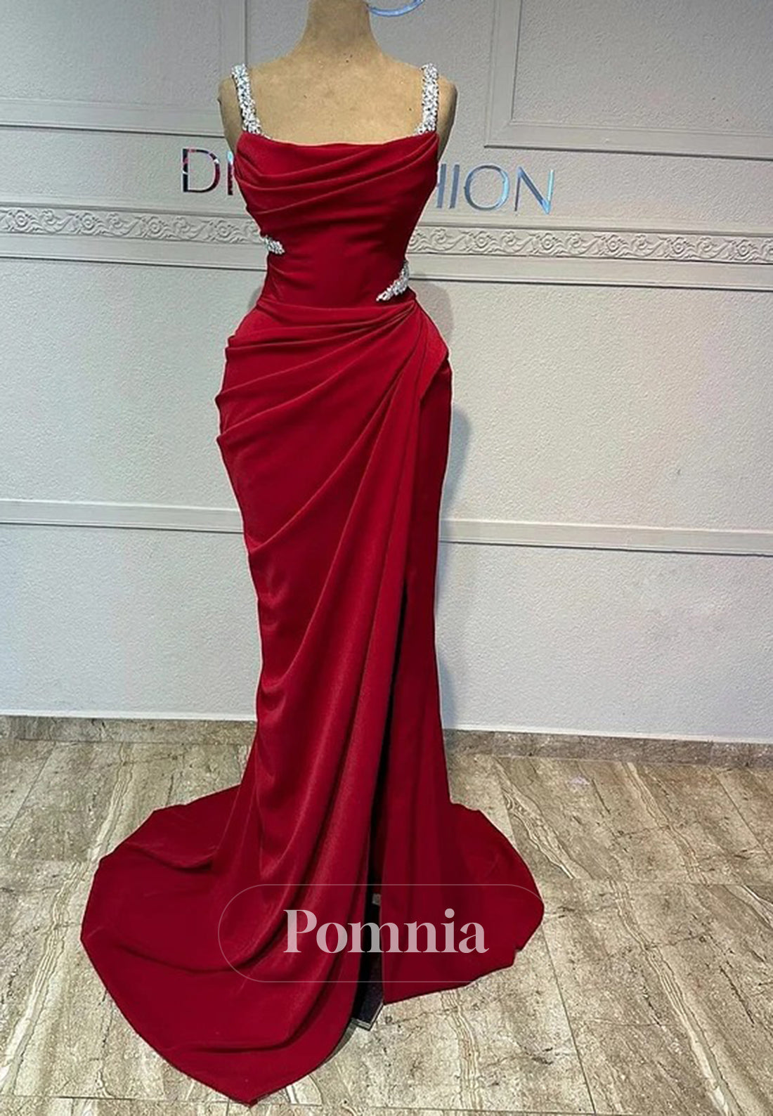 Red Spaghetti Straps Scoop Corset Ruched Slit Prom Dress
