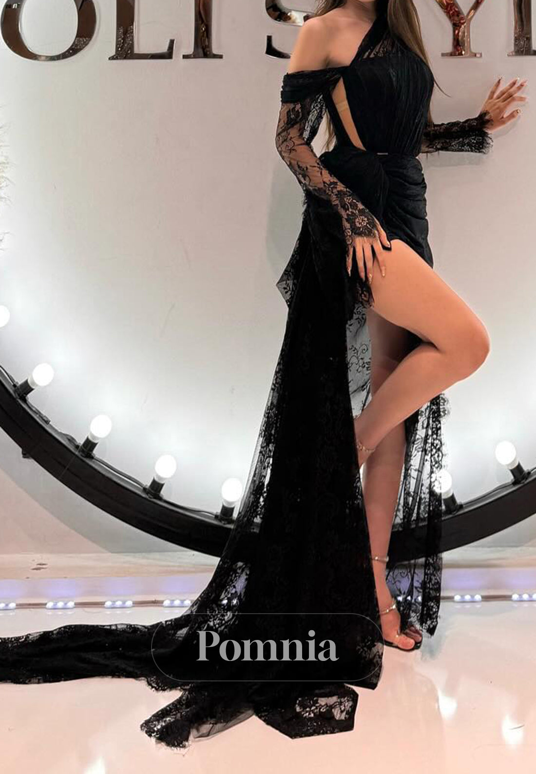 Black Long Sleeves Asymmetrical Slit Lace Prom Dress