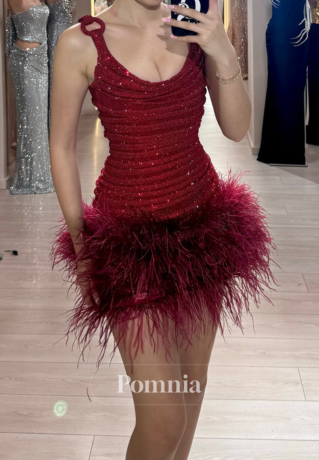 Burgundy Spaghetti Straps Feathers Mini Homecoming Dress