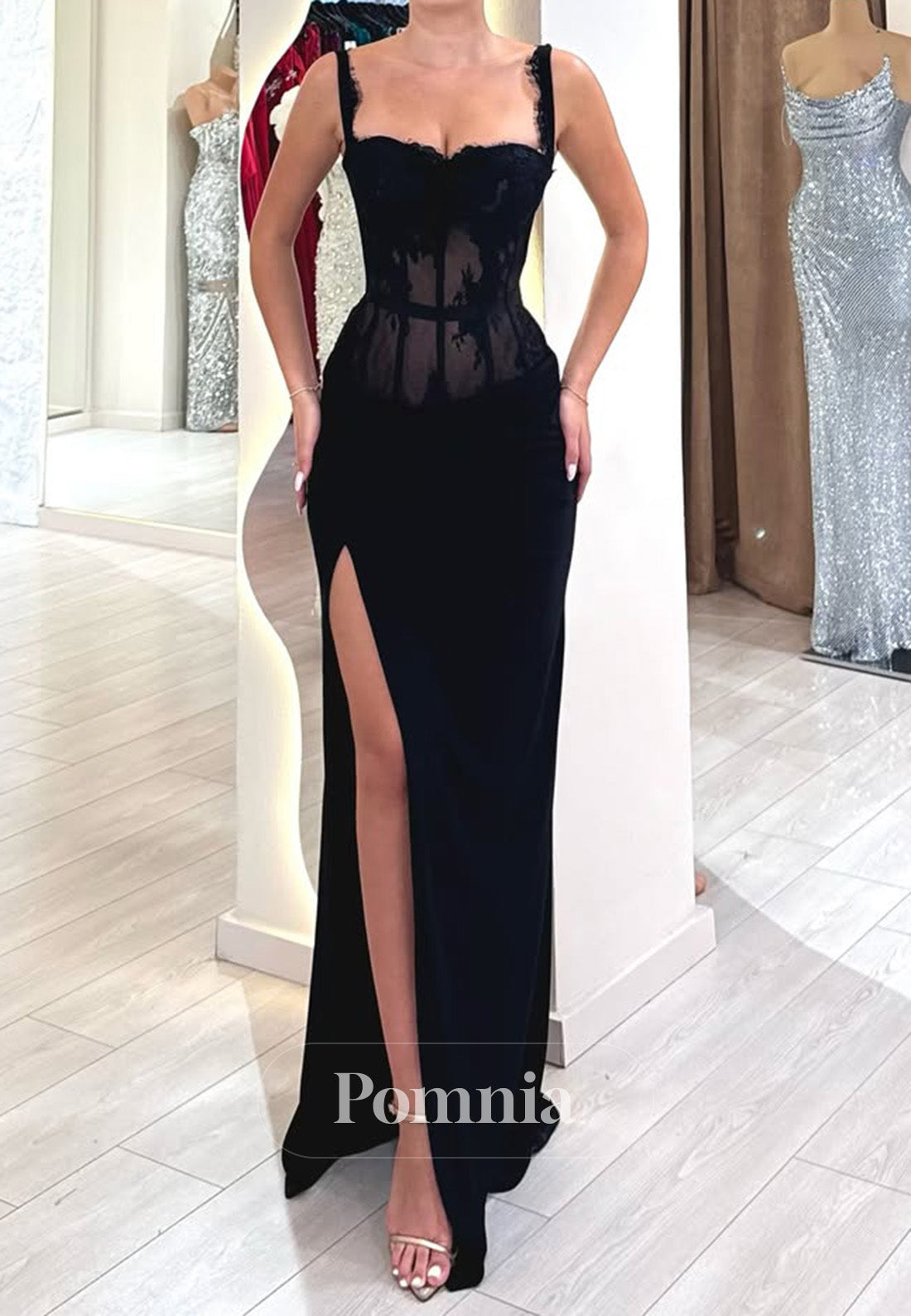 Black Spaghetti Straps Square Slit Corset Prom Dress