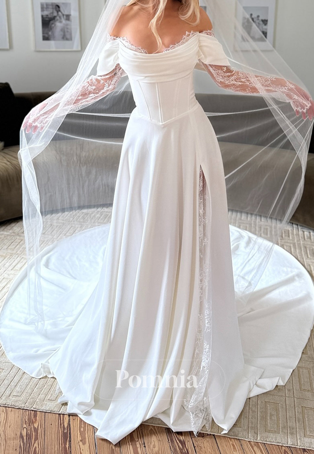 Long Sleeves Scoop Slit Ruched Satin Wedding Dress