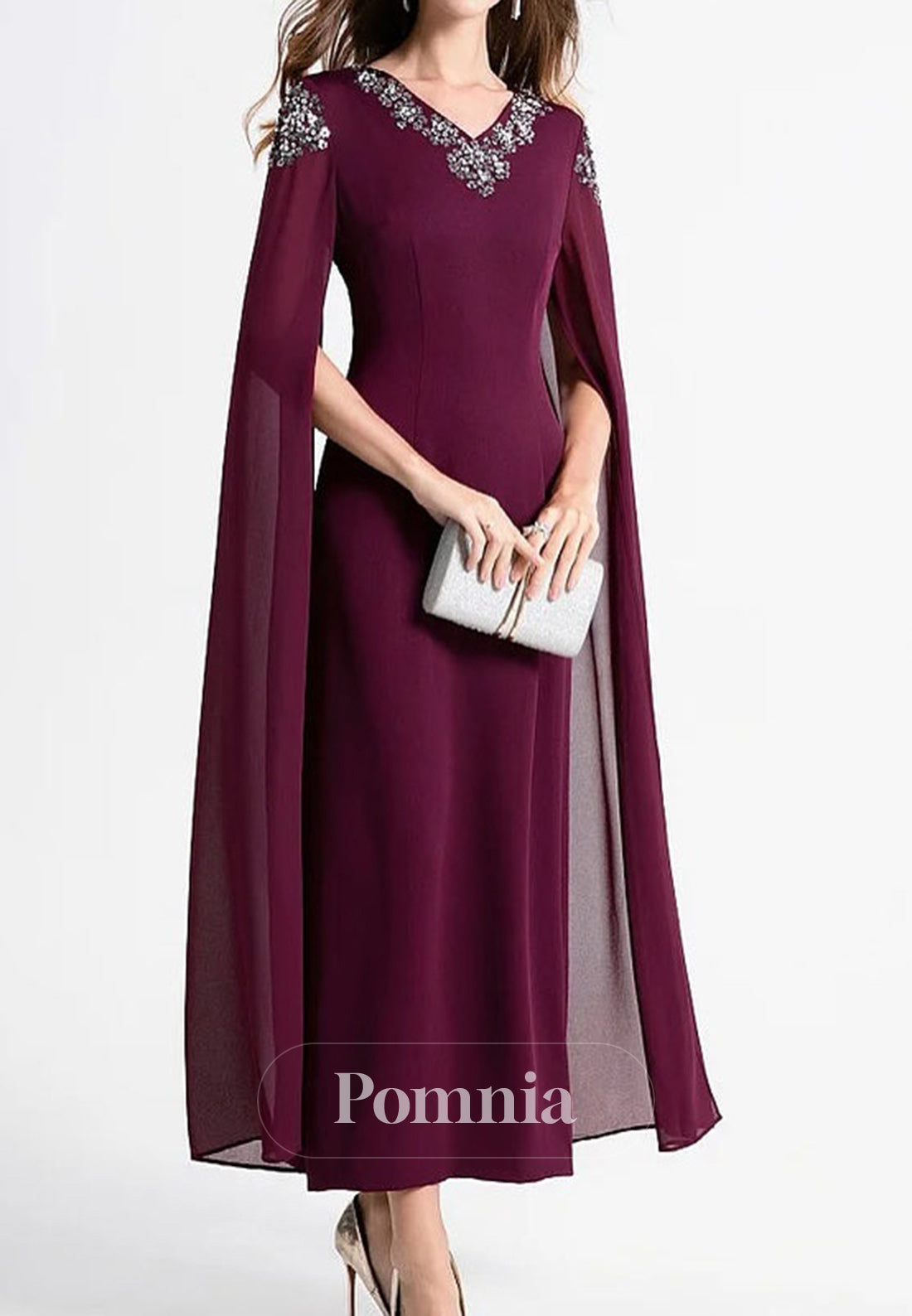 A-Line Long Sleeves V-Neck Chiffon Mother of the Bride Dress